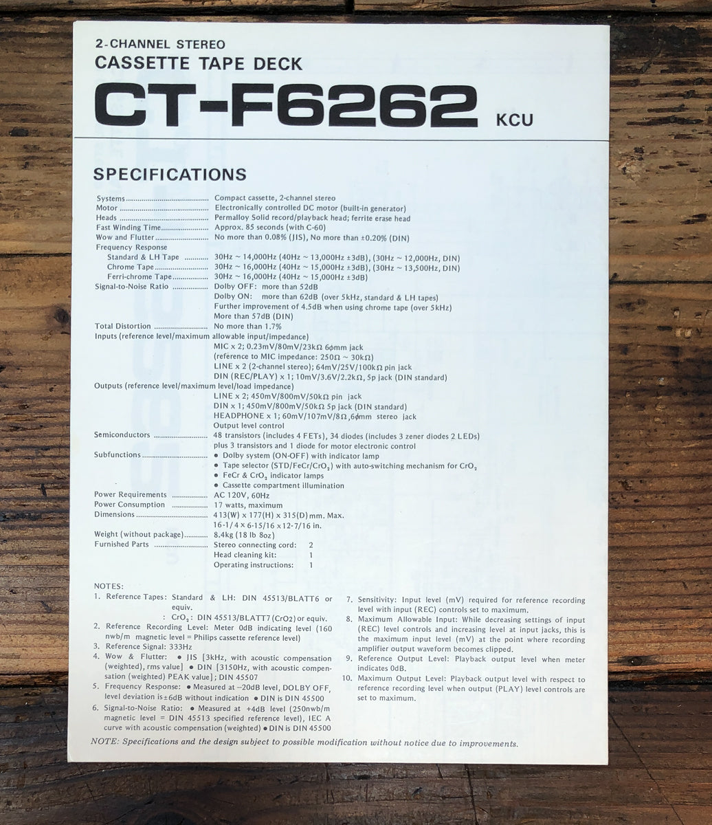 Pioneer CT-F6262 Cassette Fold Out Schematic *Original*