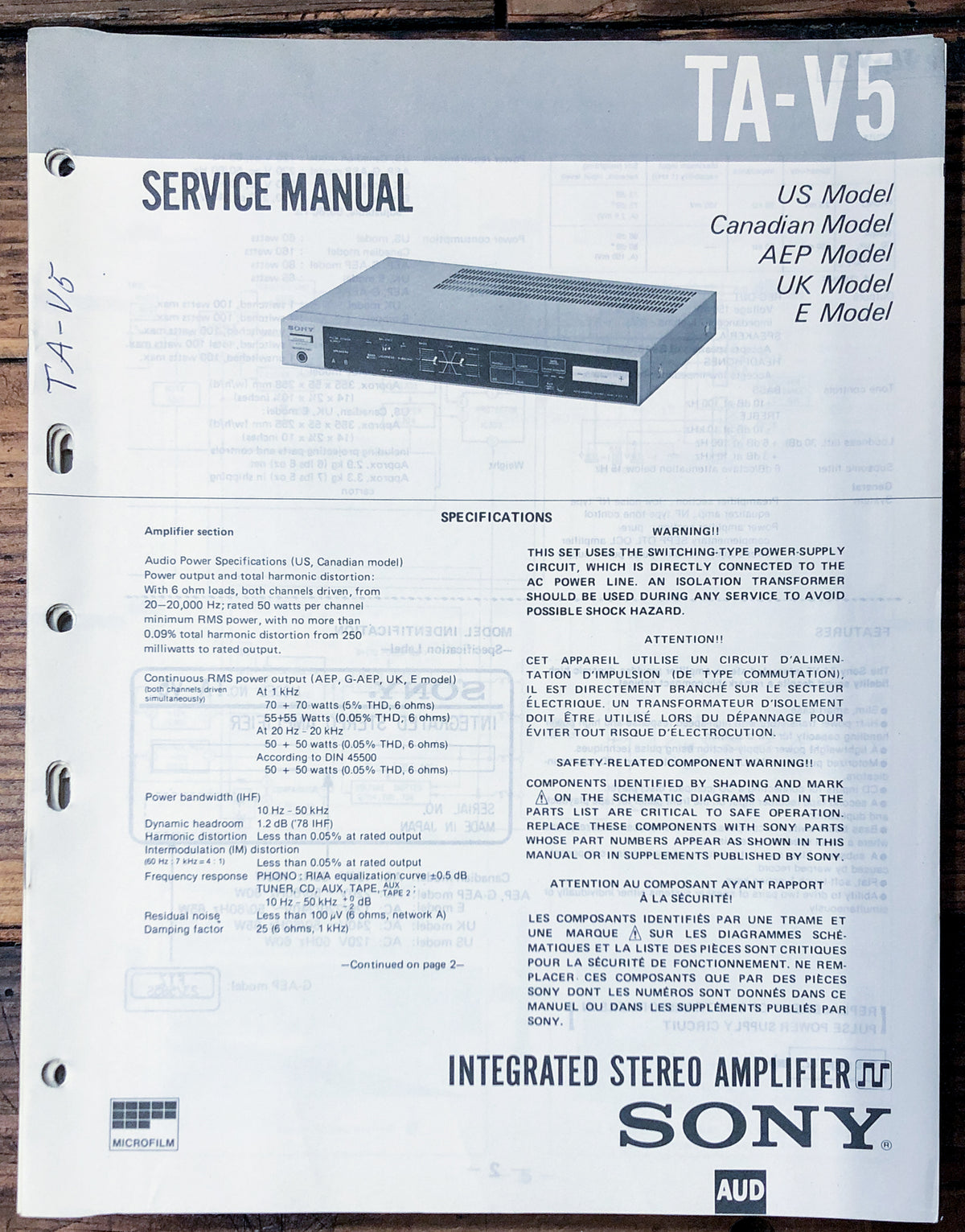 Sony TA-V5 Amplifier Service Manual *Original*