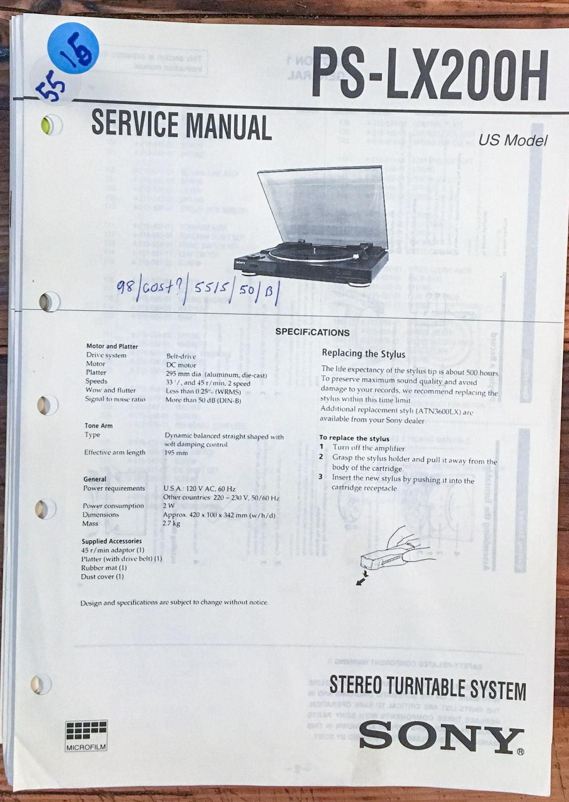 Sony PS-LX200H Record Player / Turntable Service Manual *Original*