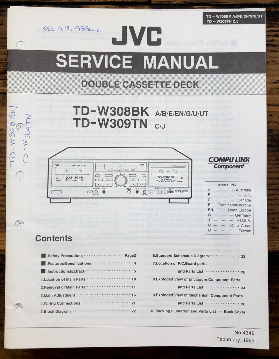 JVC TD-W308 TD-W309 Cassette Service Manual *Original*