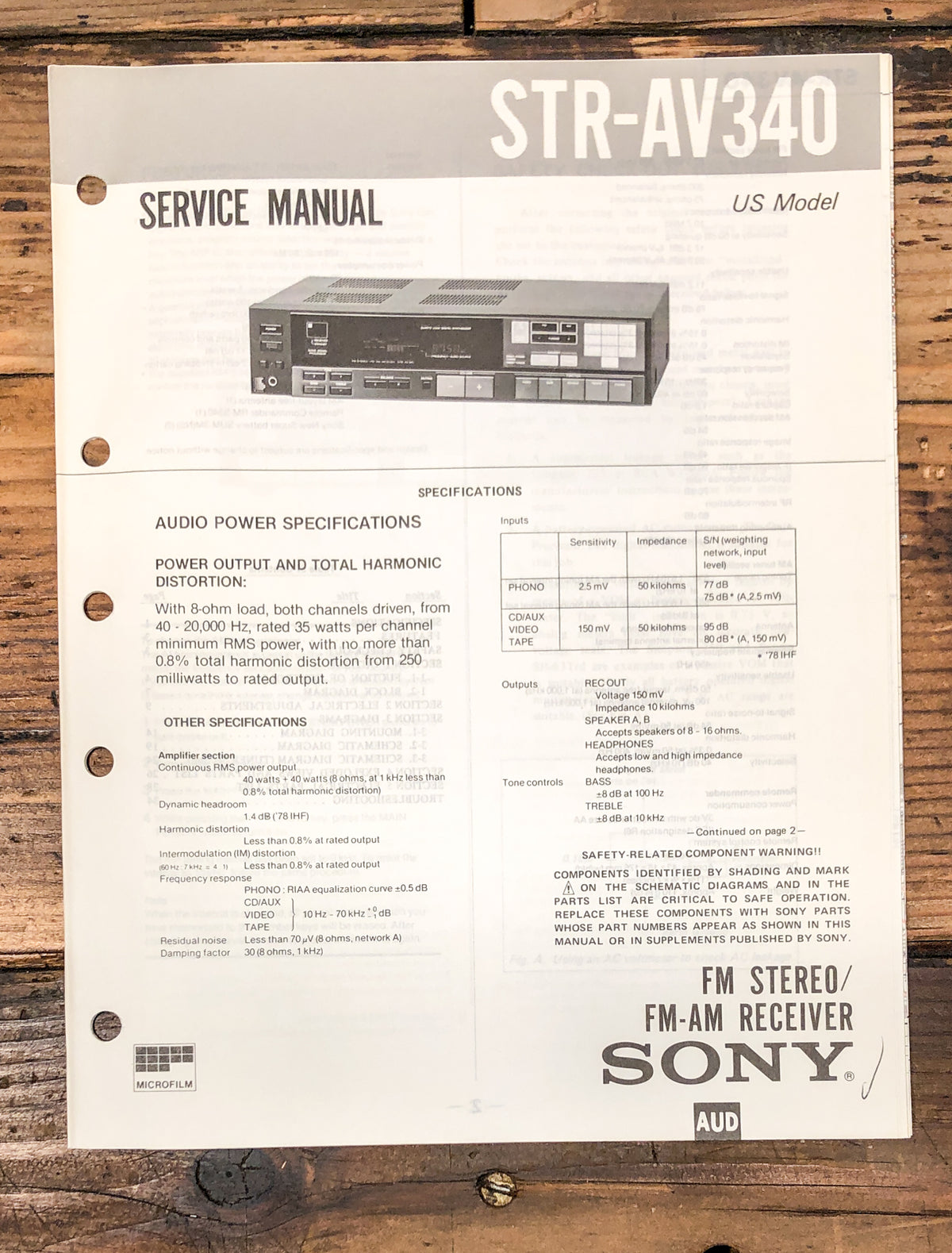 Sony STR-AV340 Receiver Service Manual *Original*