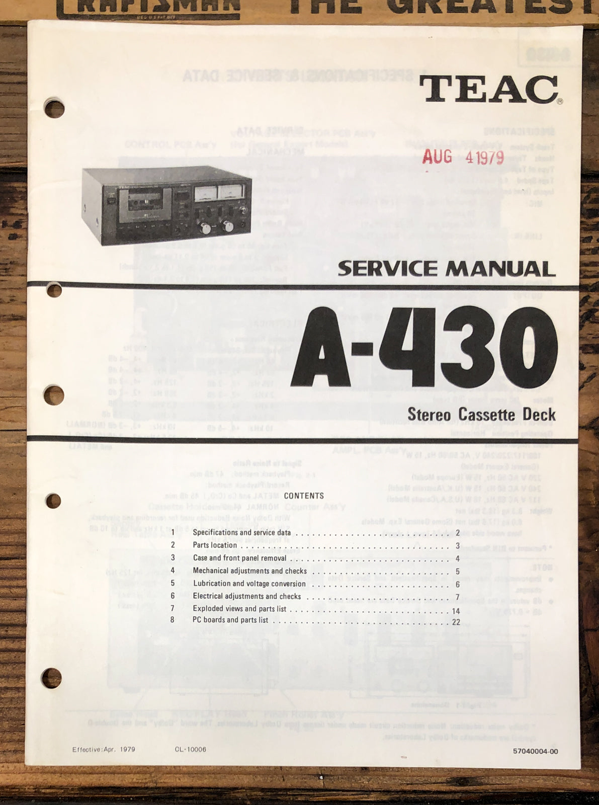 Teac / Tascam A-430 Cassette Service Manual *Original*