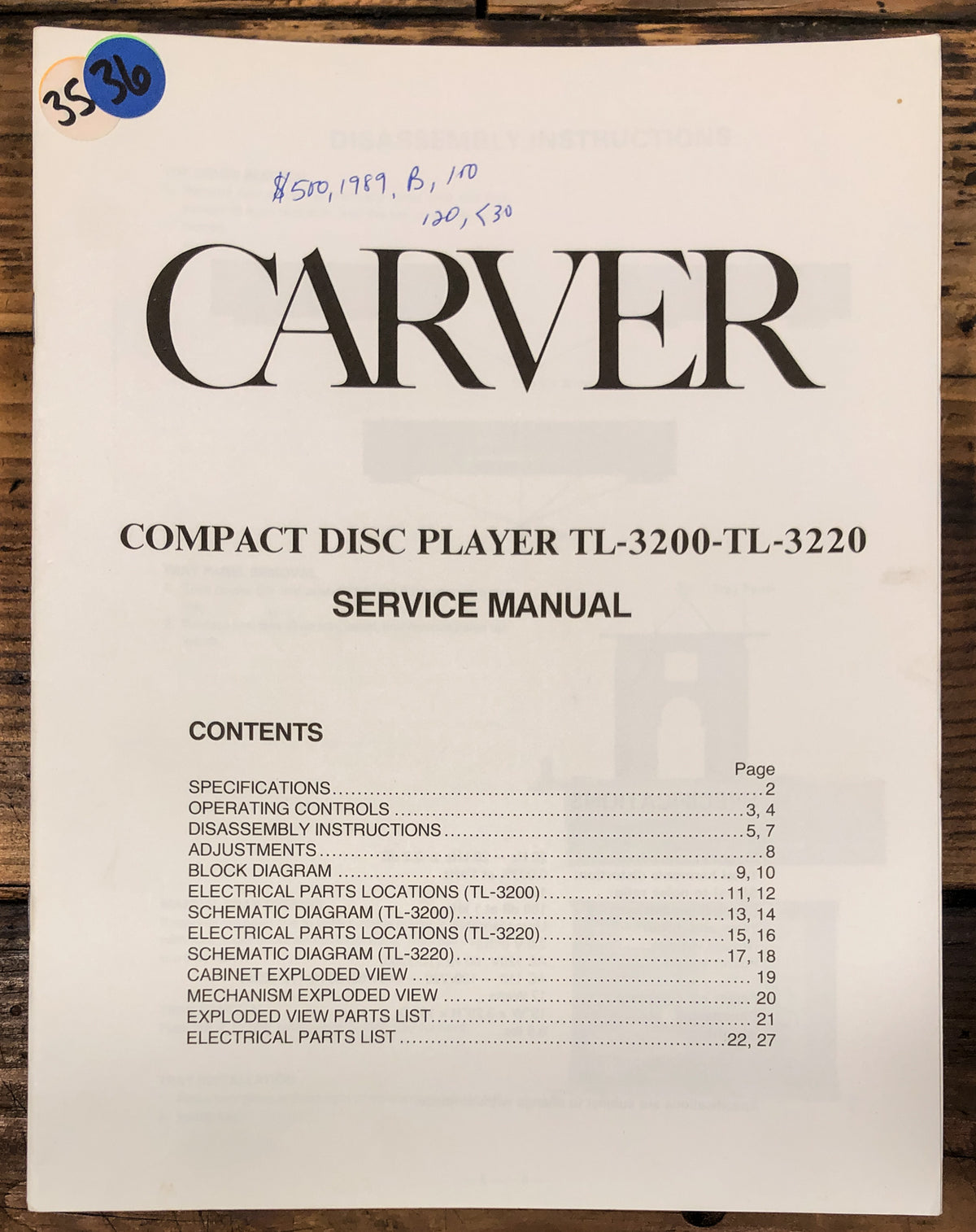 Carver TL-3200 TL-3220 CD Player Service Manual *Original*