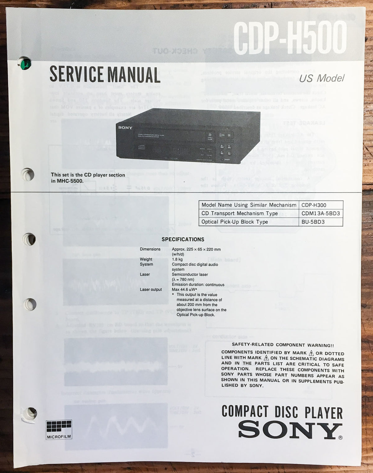 Sony CDP-H500 CD Player Service Manual *Original*