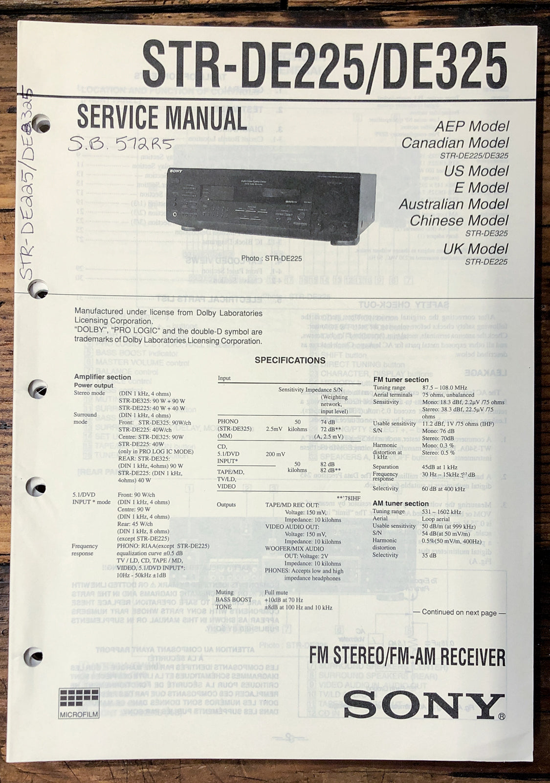 Sony STR-DE225 STR-DE325 Receiver Service Manual *Original*