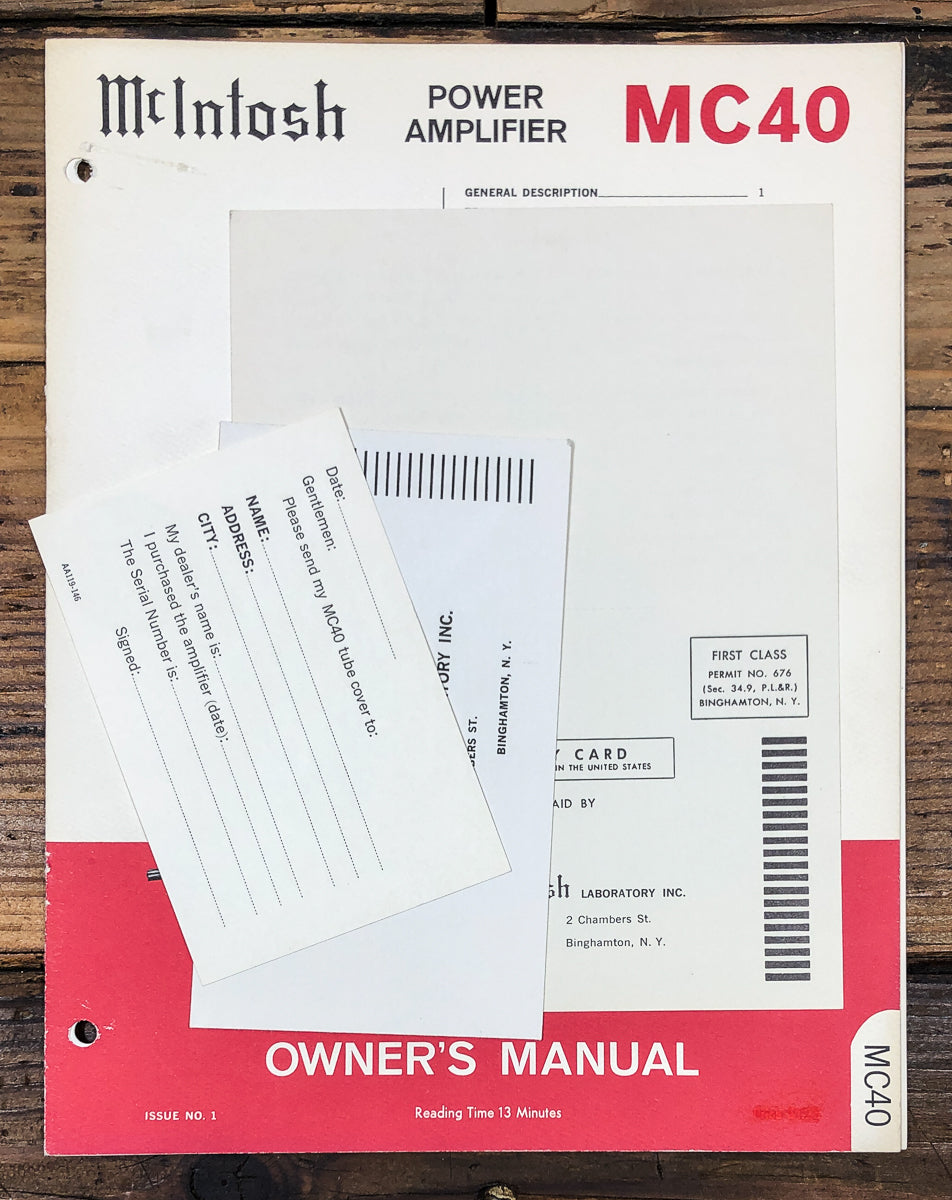 McIntosh MC-40 MC40 Amplifier Owners / User Manual *Original*