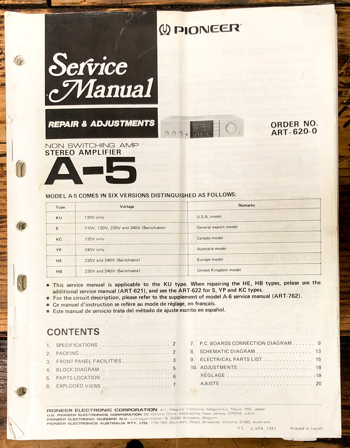 Pioneer A-5 Amplifier Service Manual *Original*