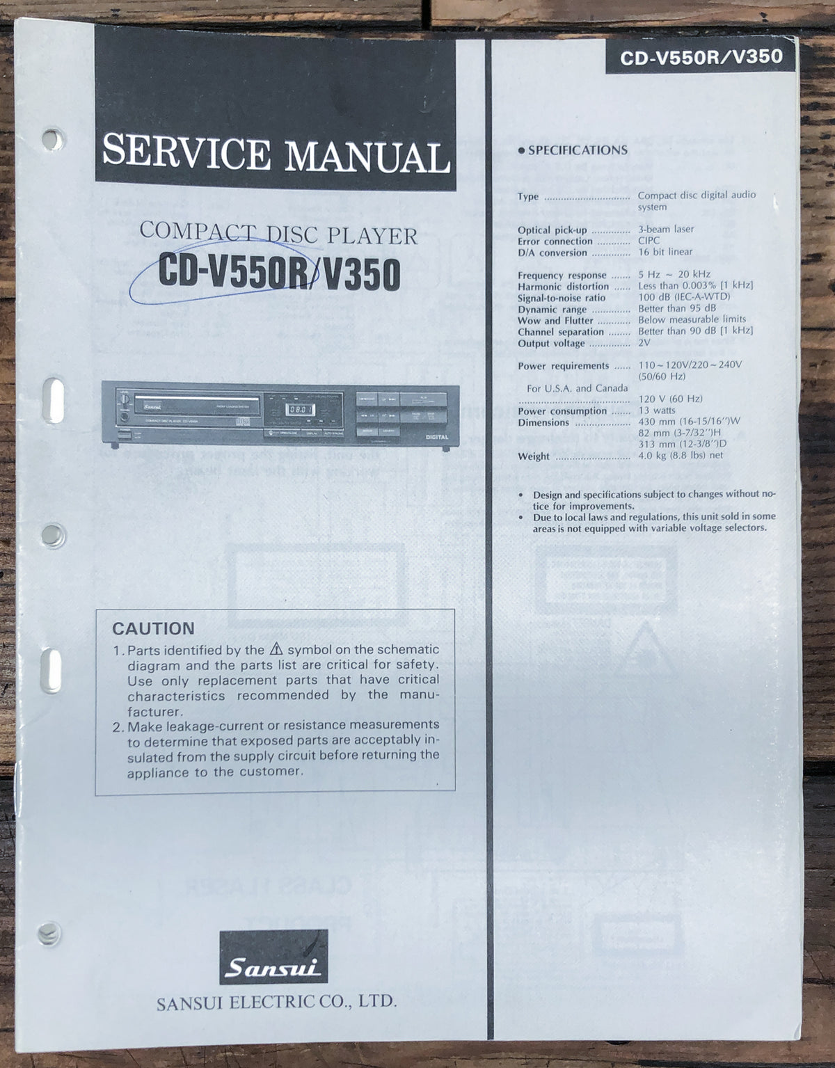 Sansui CD-V550R CD-V350 CD Player Service Manual *Original*