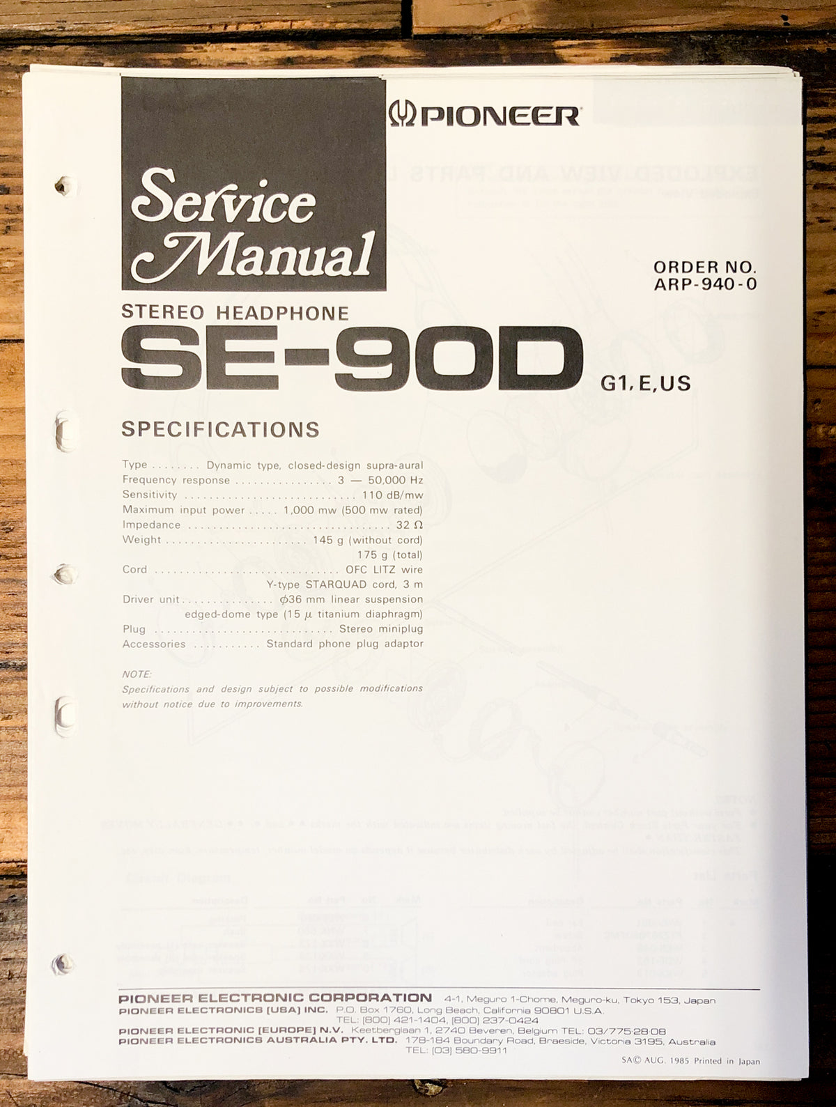 Pioneer SE-90D Headphones Service Manual *Original*