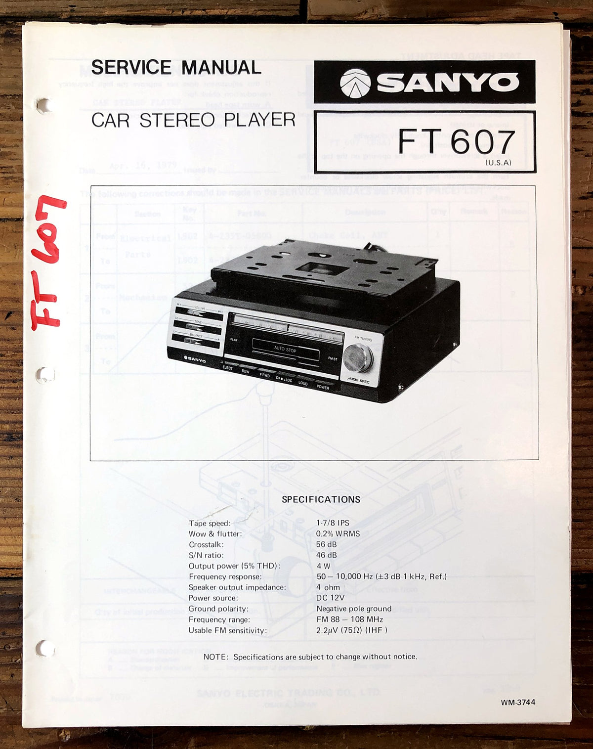 Sanyo FT 607 Car Stereo Player Service Manual *Original*