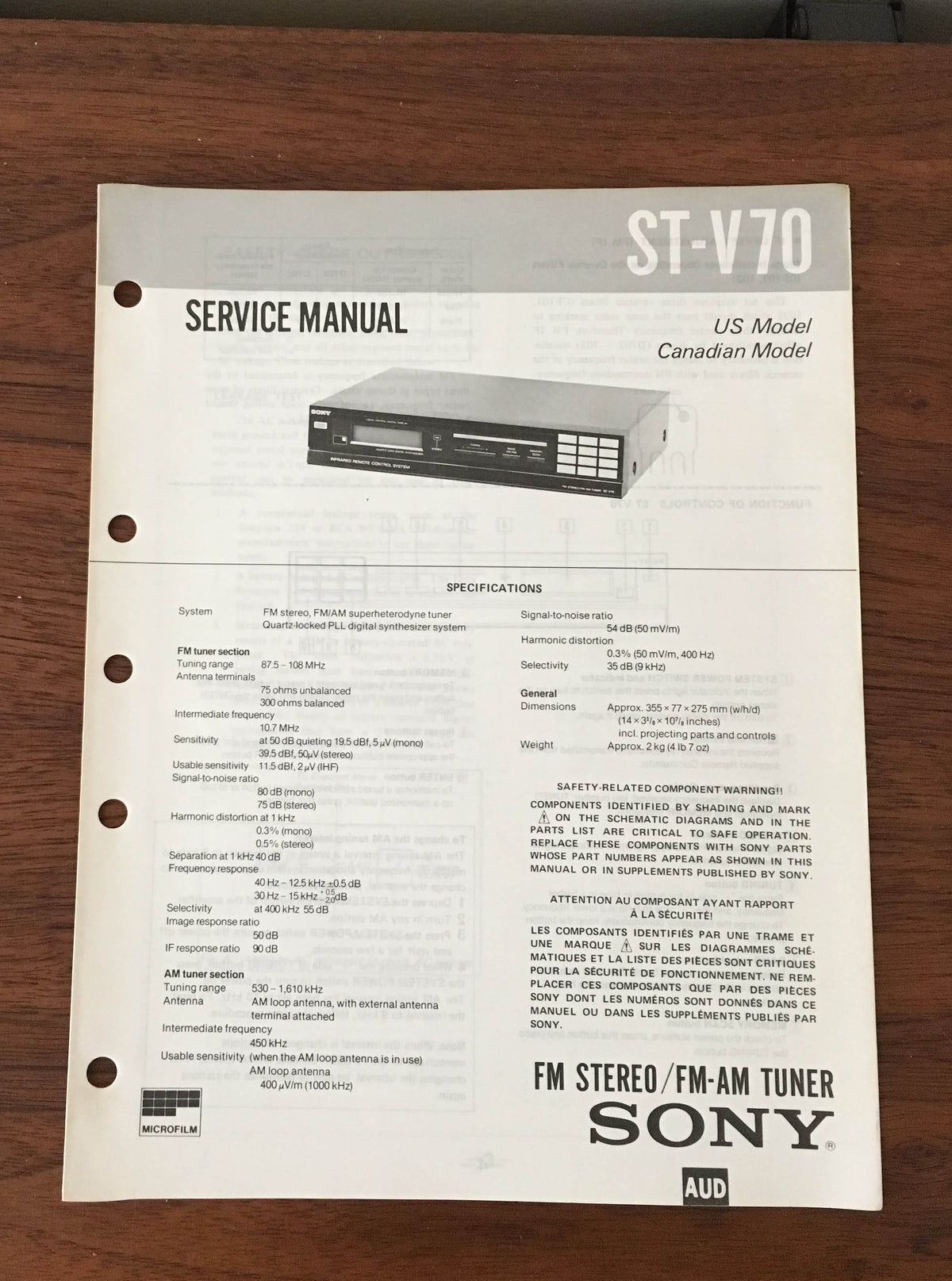 Sony ST-V70 Tuner Service Manual *Original*
