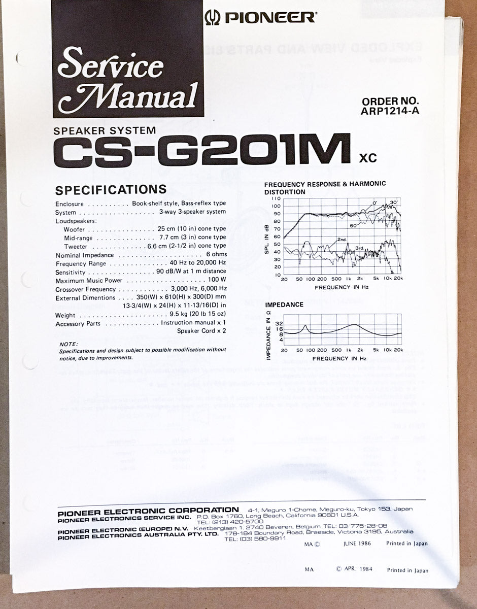 Pioneer CS-G201M SPEAKER Service Manual *Original*