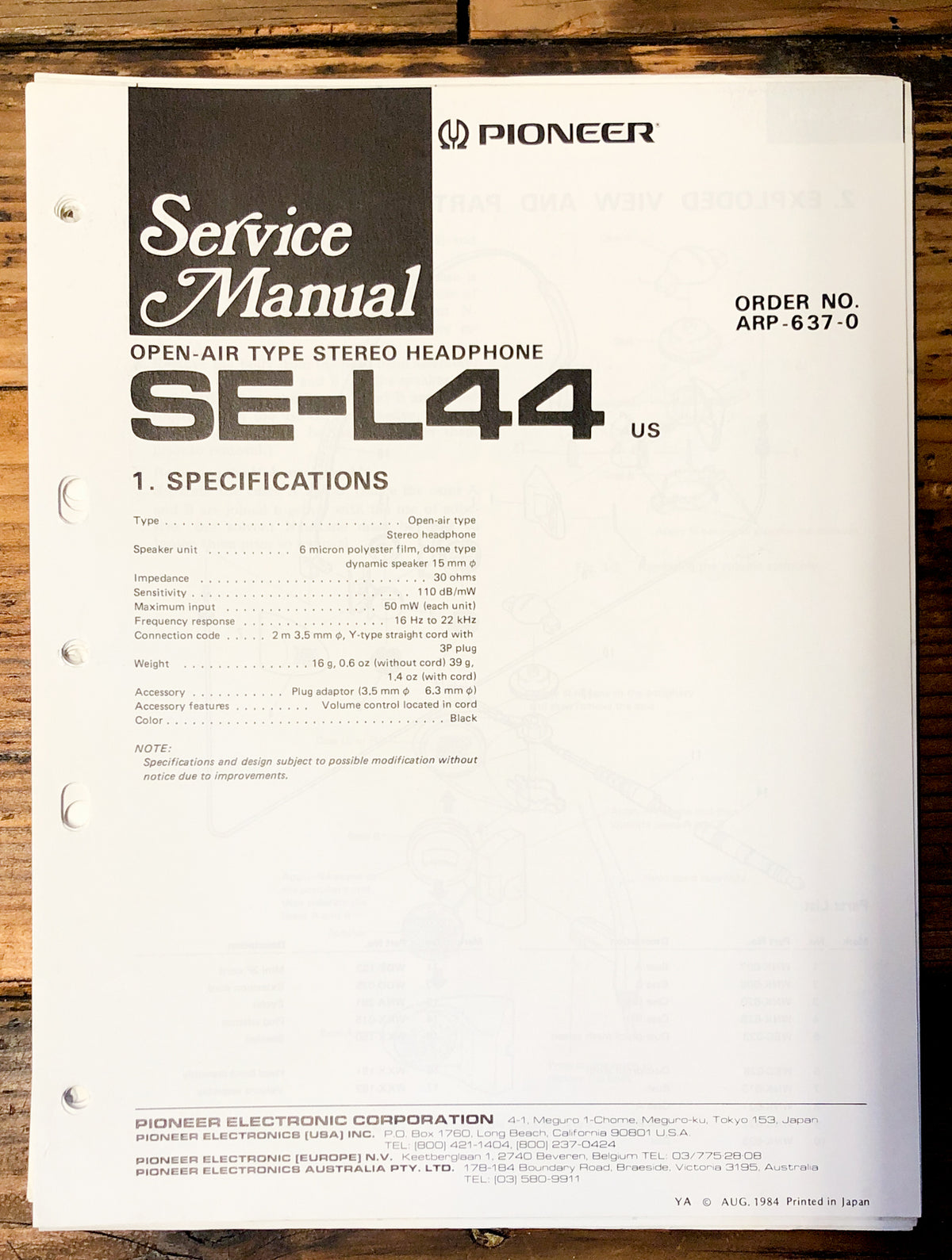 Pioneer SE-L44 Headphones Service Manual *Original*