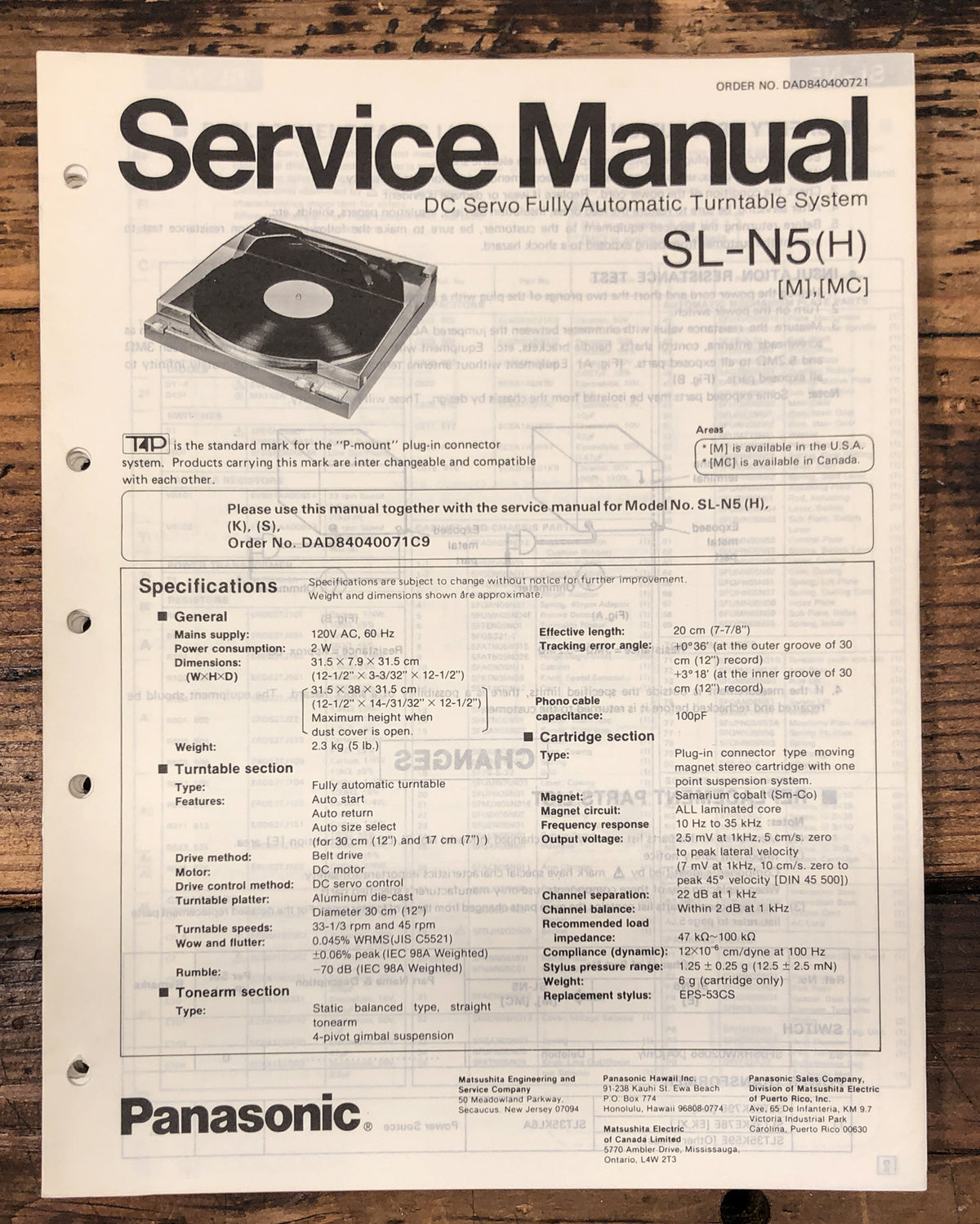 Technics / Panasonic SL-N5 Turntable Service Manual *Original*