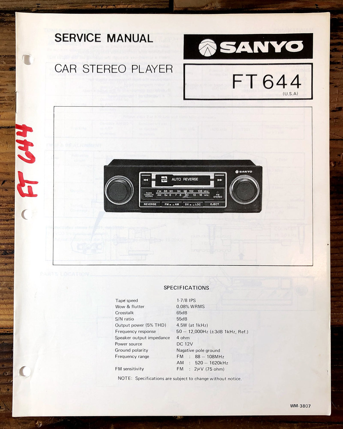 Sanyo FT644 Car Stereo Player Service Manual *Original*
