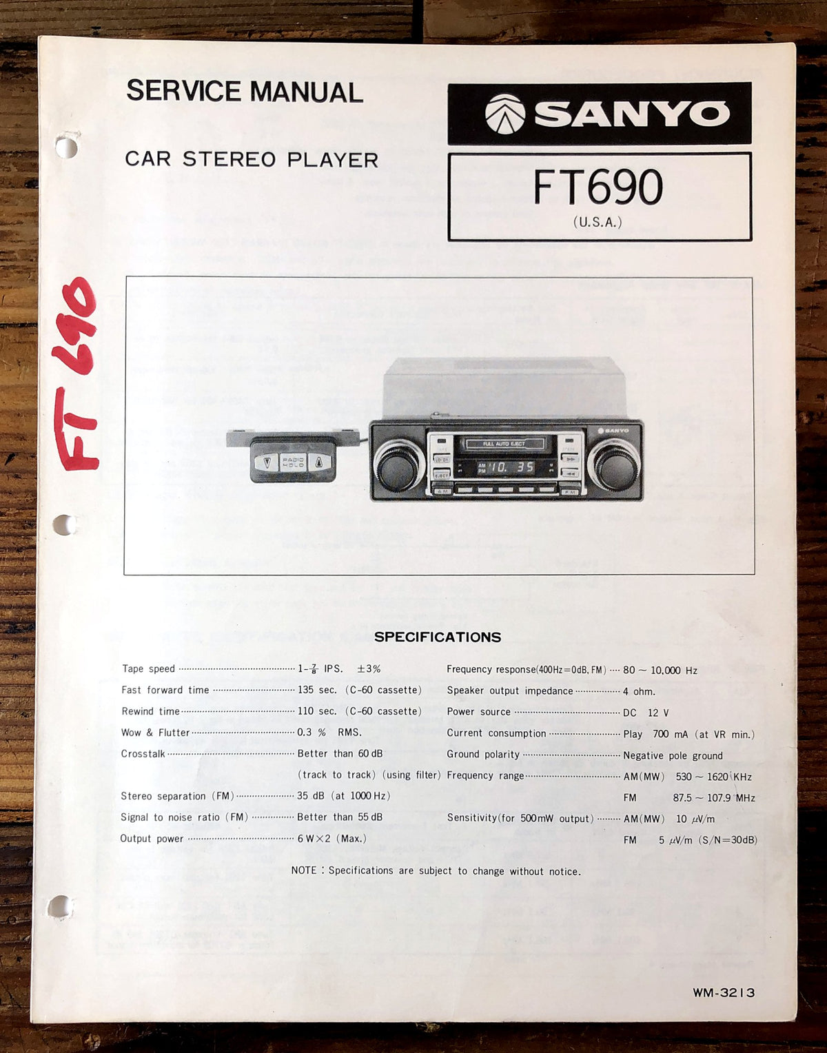 Sanyo FT690 Car Stereo Player Service Manual *Original*
