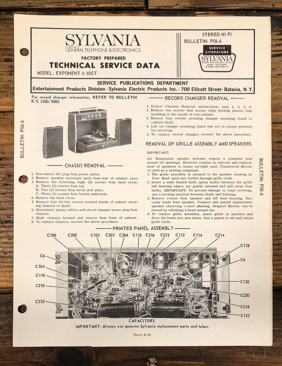 GTE Sylvania Exponent 4/40 GT Stereo Service Manual *Original*