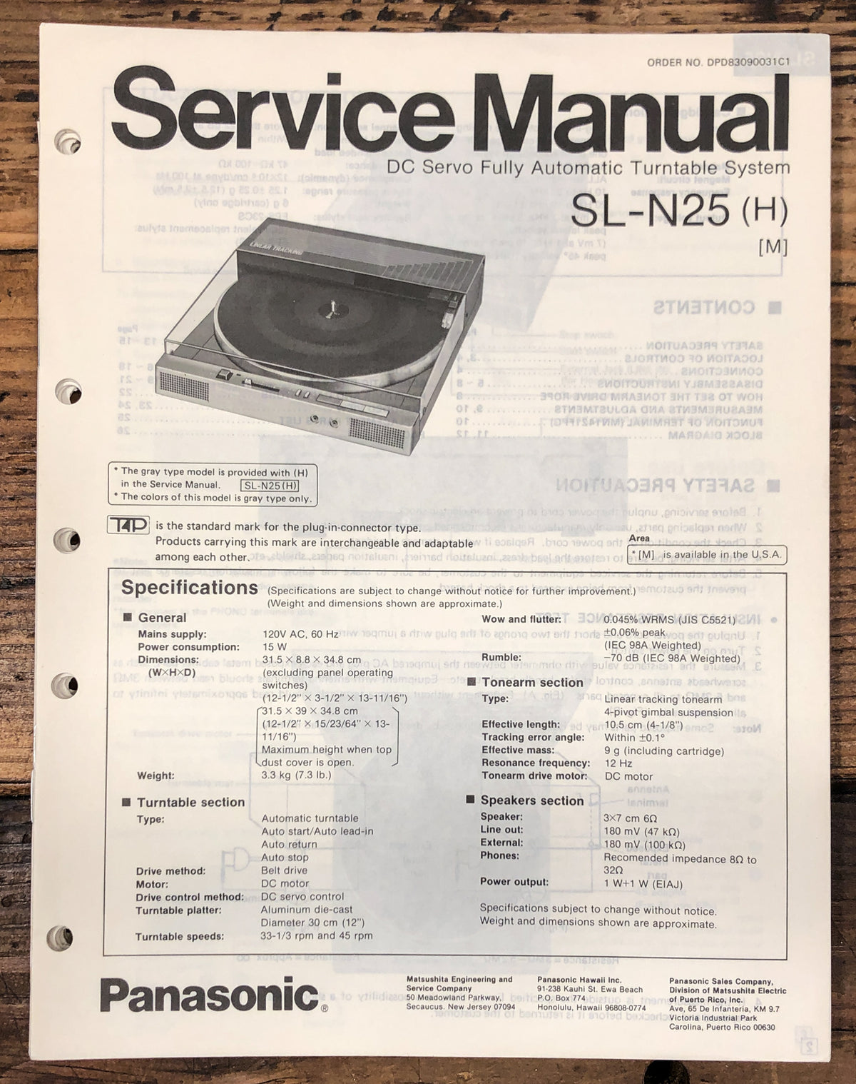 Technics / Panasonic SL-N25 Turntable Service Manual *Original*