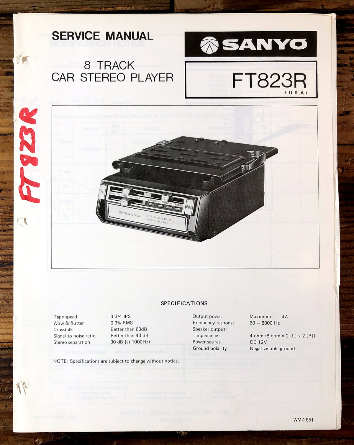 Sanyo FT823R 8 Track Car Stereo Player Service Manual *Original*