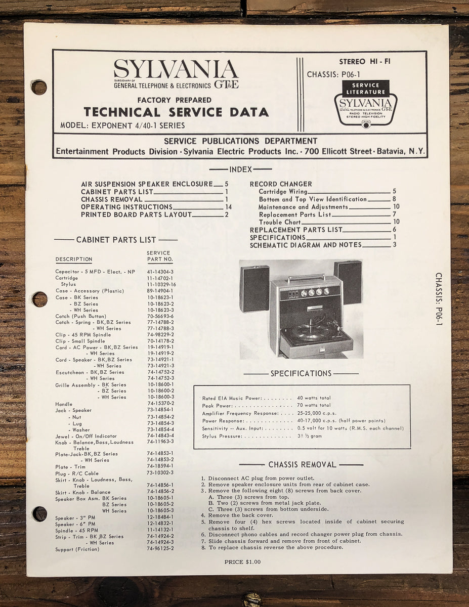 GTE Sylvania Exponent 4/40-1 Stereo Service Manual *Original*