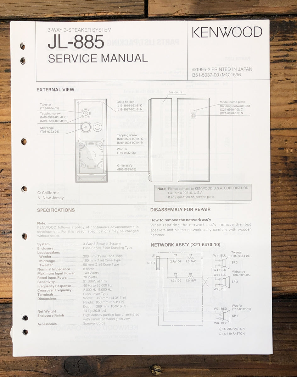 Kenwood JL-885 Speaker Service Manual *Original*