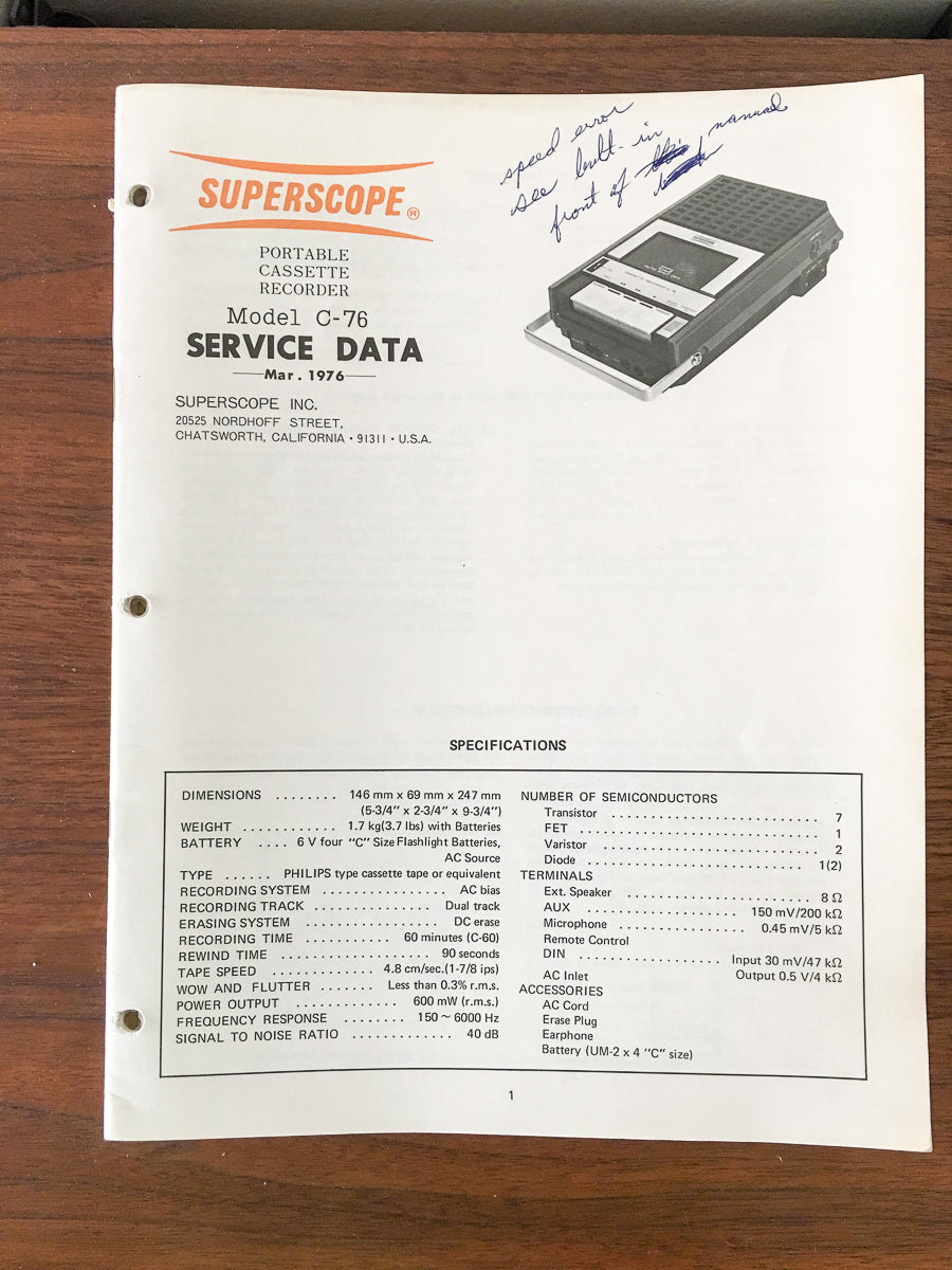 Superscope C-76 Cassette Recorder Service Manual *Original*