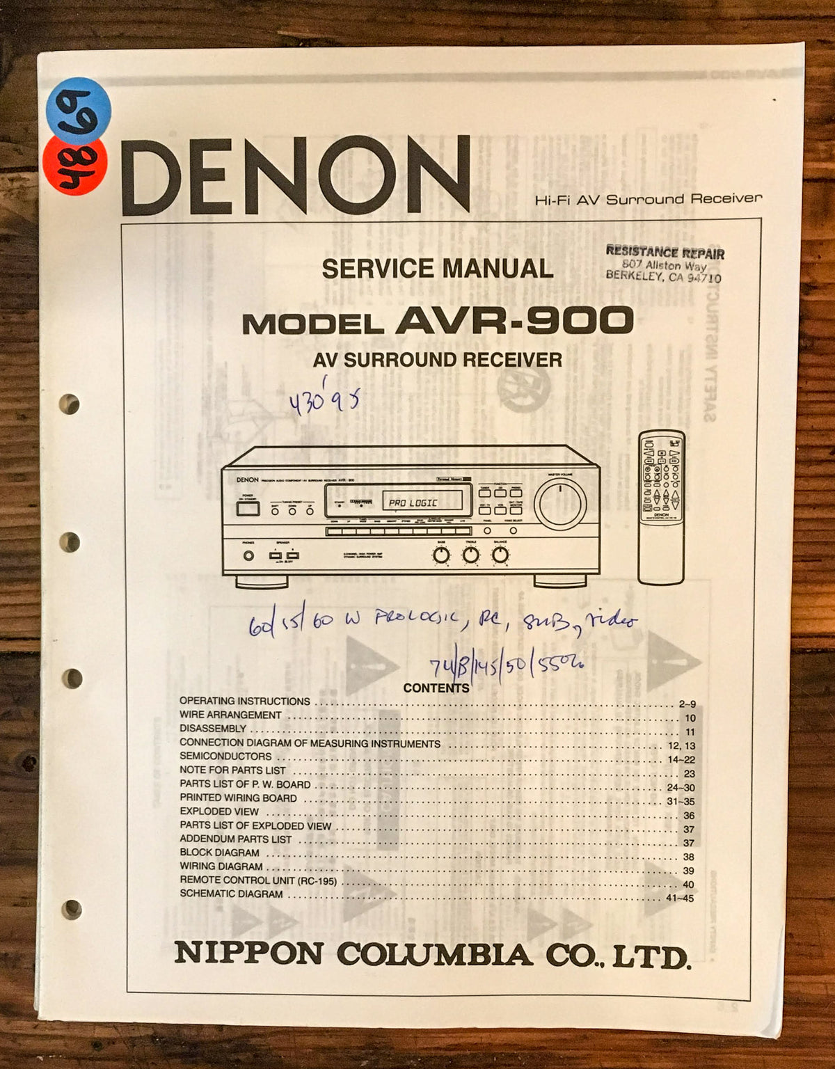 Denon AVR-900 Receiver Service Manual *Original*