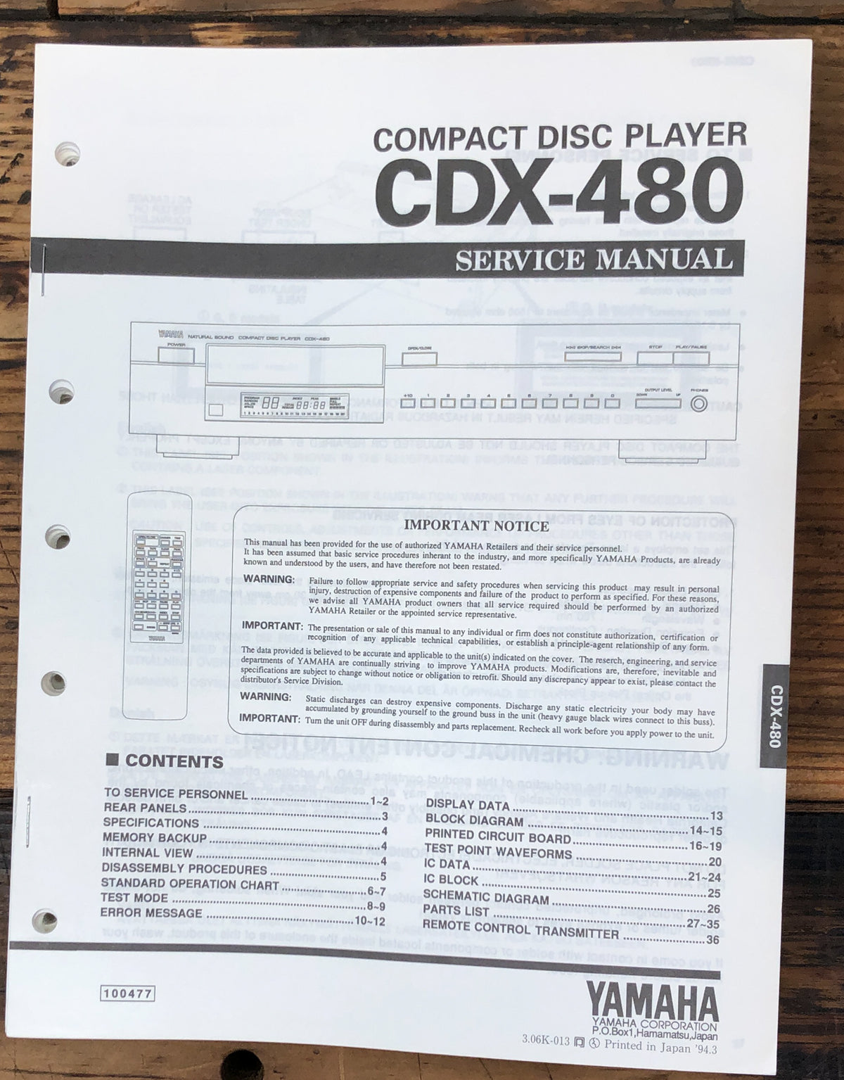 Yamaha CDX-480 CD Player Service Manual *Original*