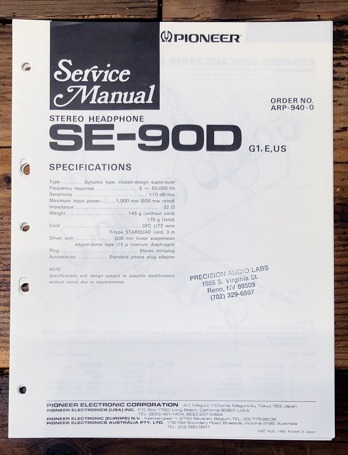 Pioneer SE-90D Headphones Service Manual *Original*