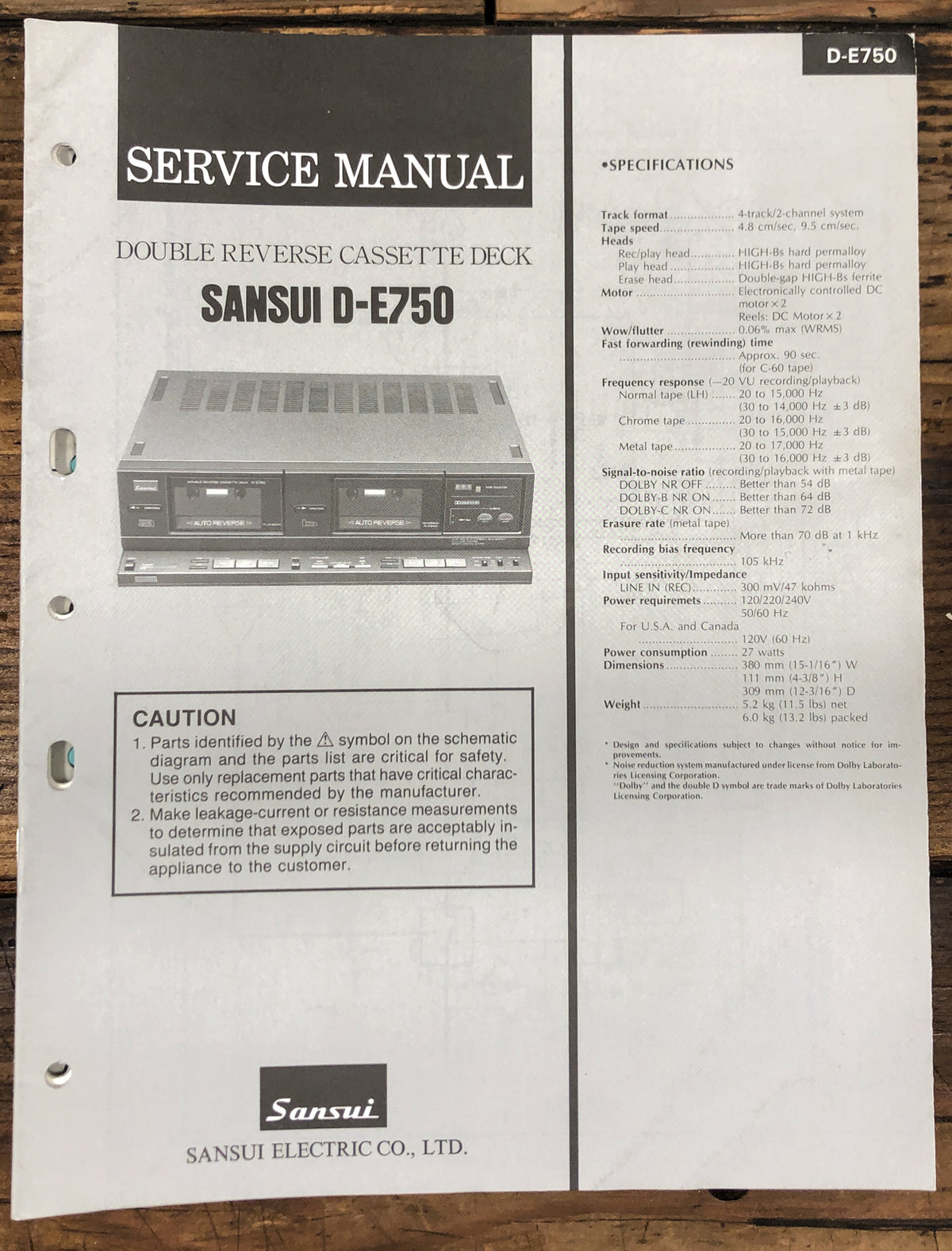 Sansui D-E750 Cassette Service Manual *Original*