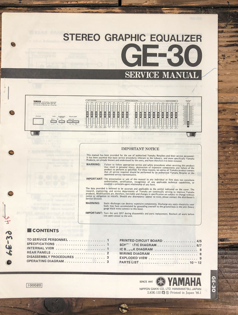 Yamaha GE-30 Equalizer Service Manual *Original*