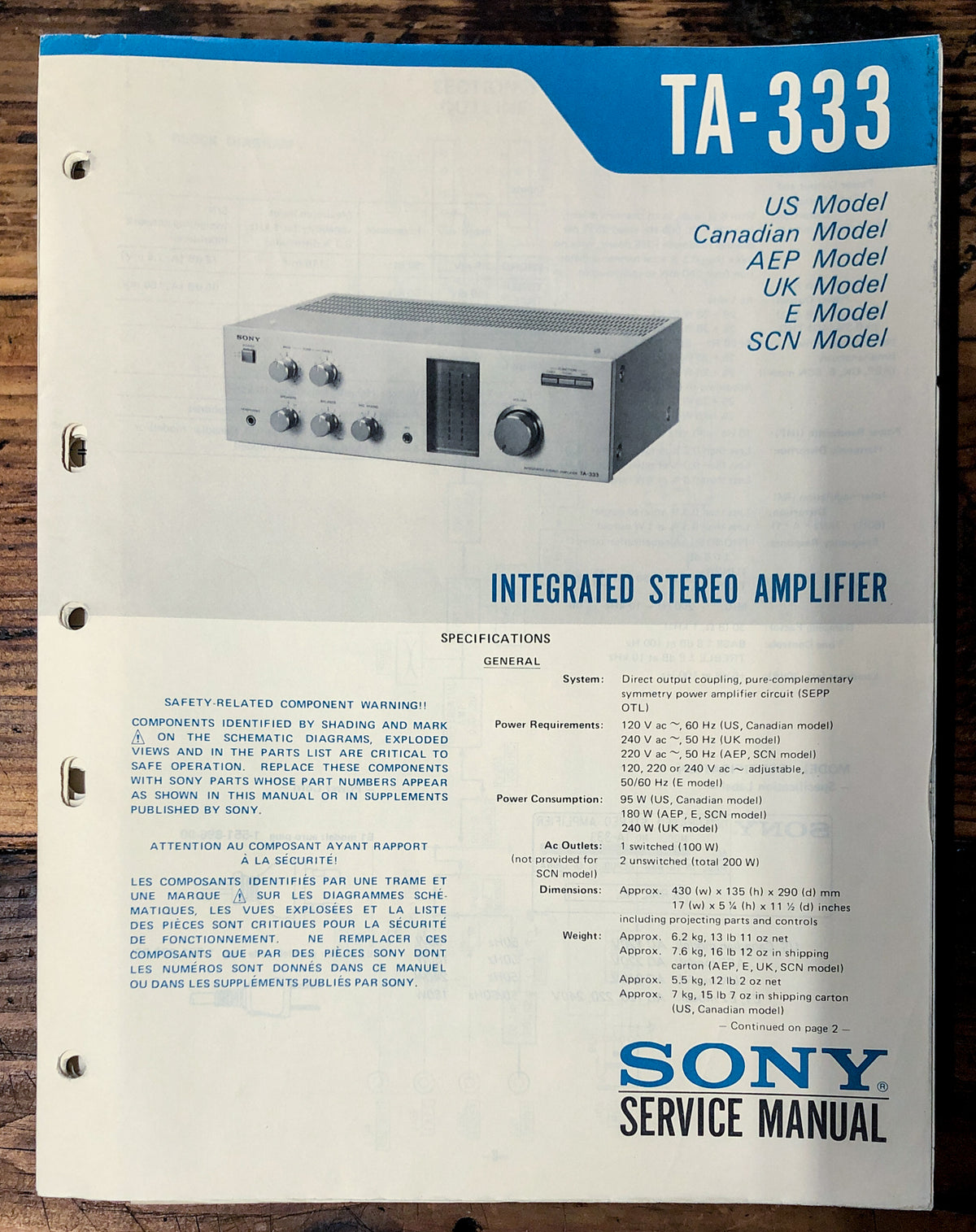 Sony TA-333 Amplifier Service Manual *Original*