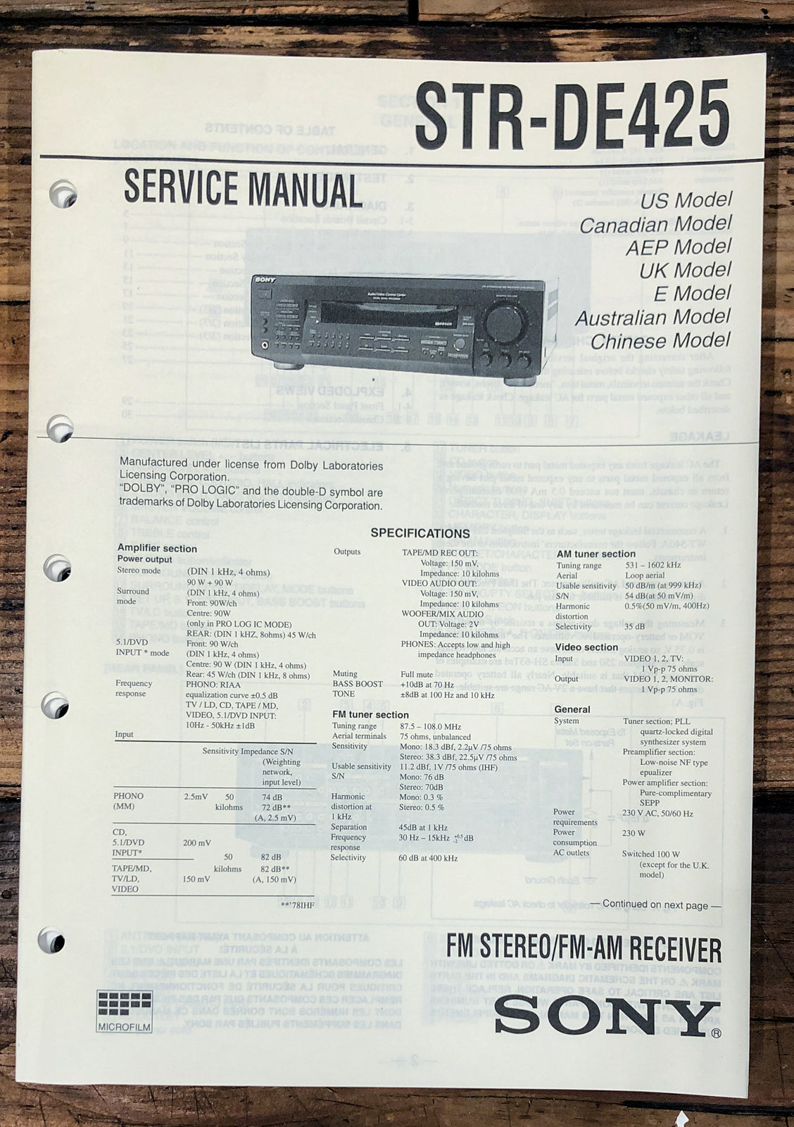 Sony STR-DE425 Receiver Service Manual *Original*
