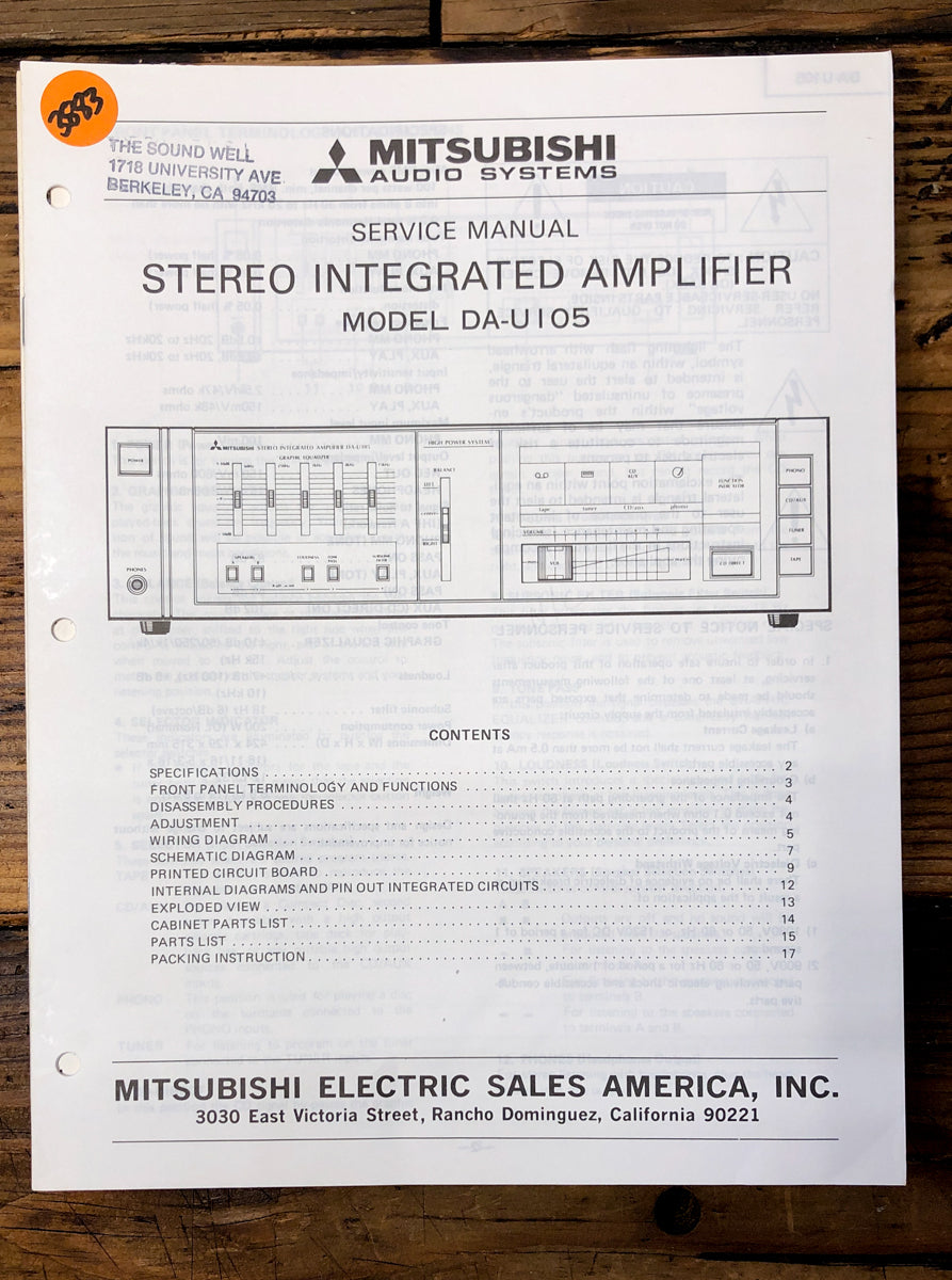 Mitsubishi DA-U105 Amplifier Service Manual *Original*