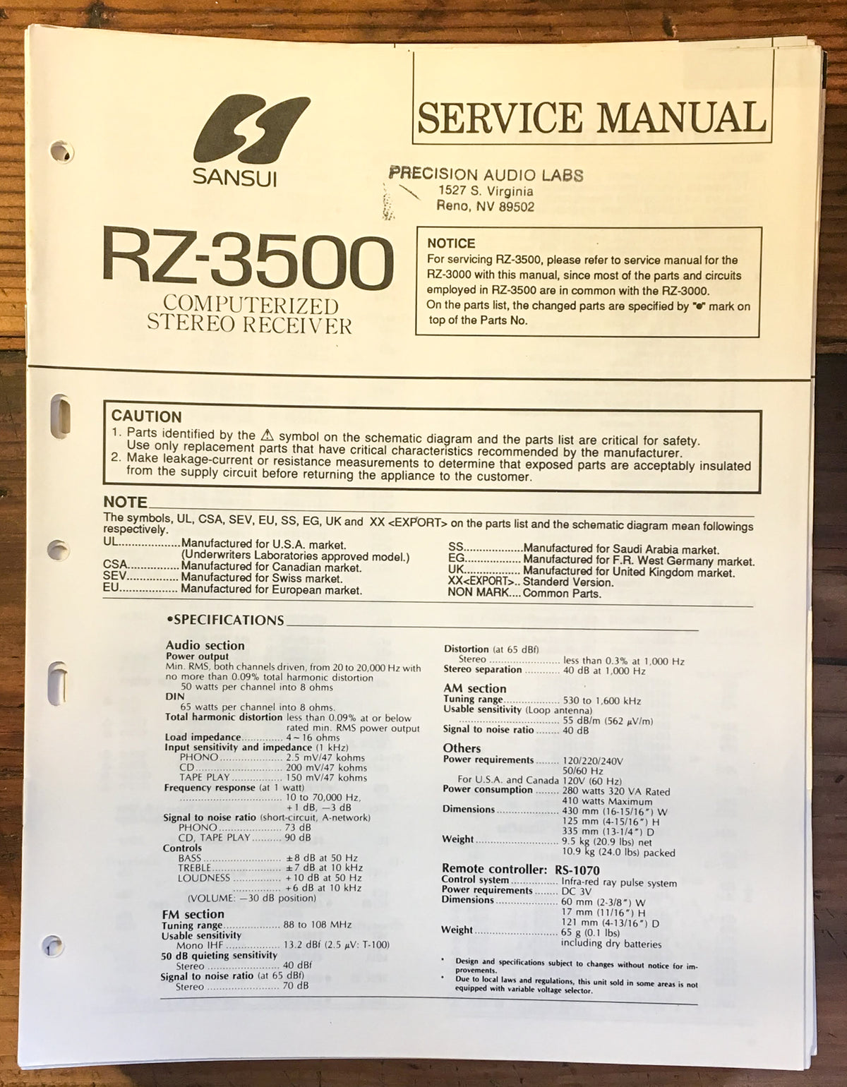 Sansui RZ-3500 Receiver Service Manual *Original*