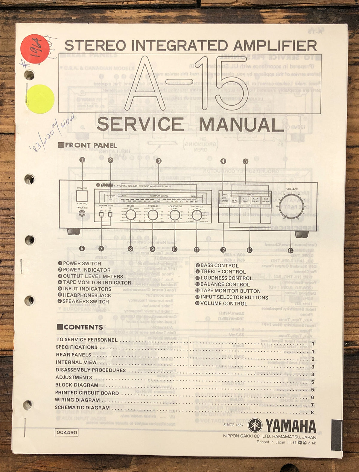 Yamaha A-15 Amplifier Service Manual *Original*