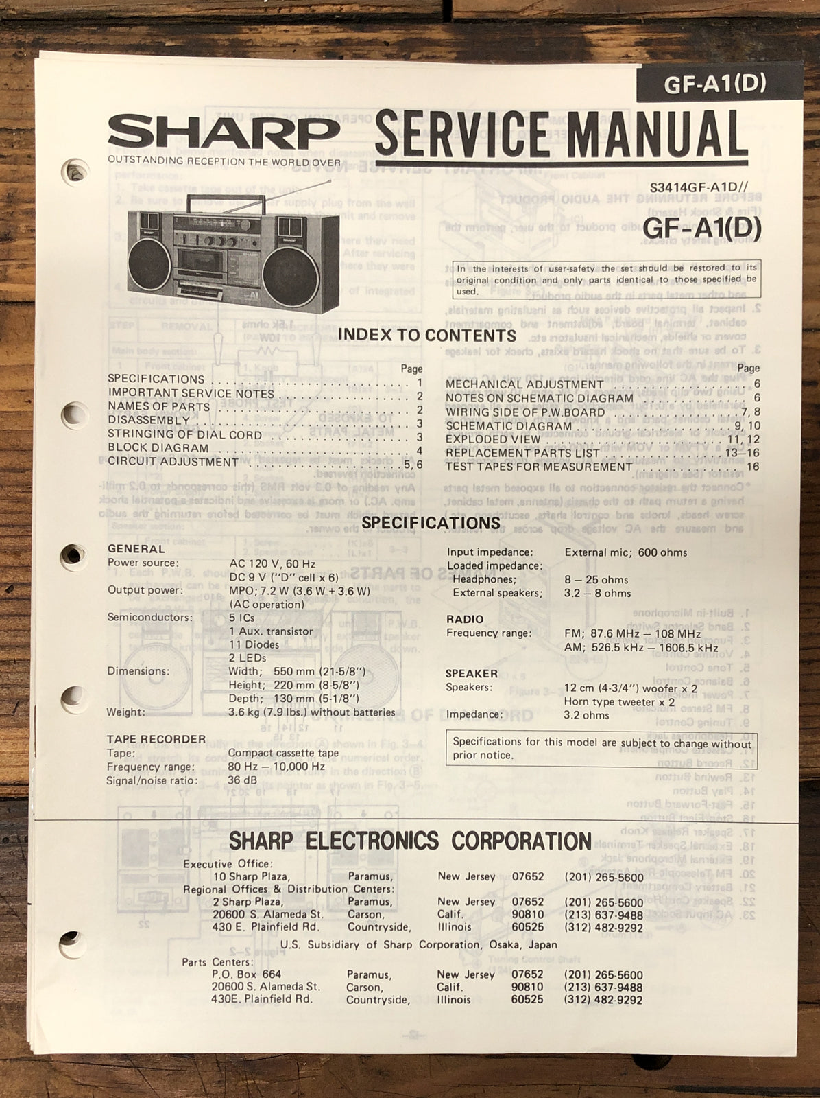 Sharp GF-A1 Radio Cassette Service Manual *Original*