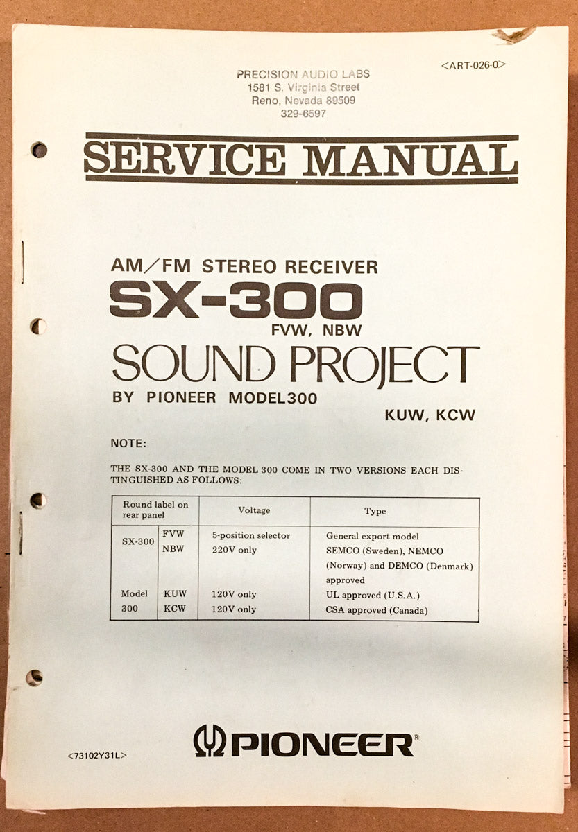 Pioneer SX-300 Receiver Service Manual *Original*