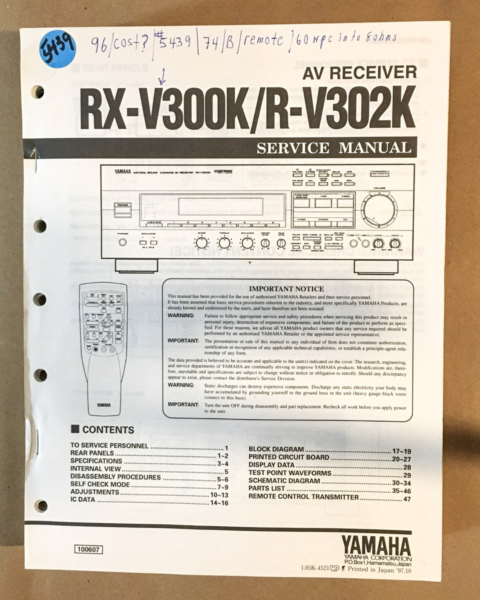 Yamaha RX-V300K R-V302K Receiver Service Manual *Original*