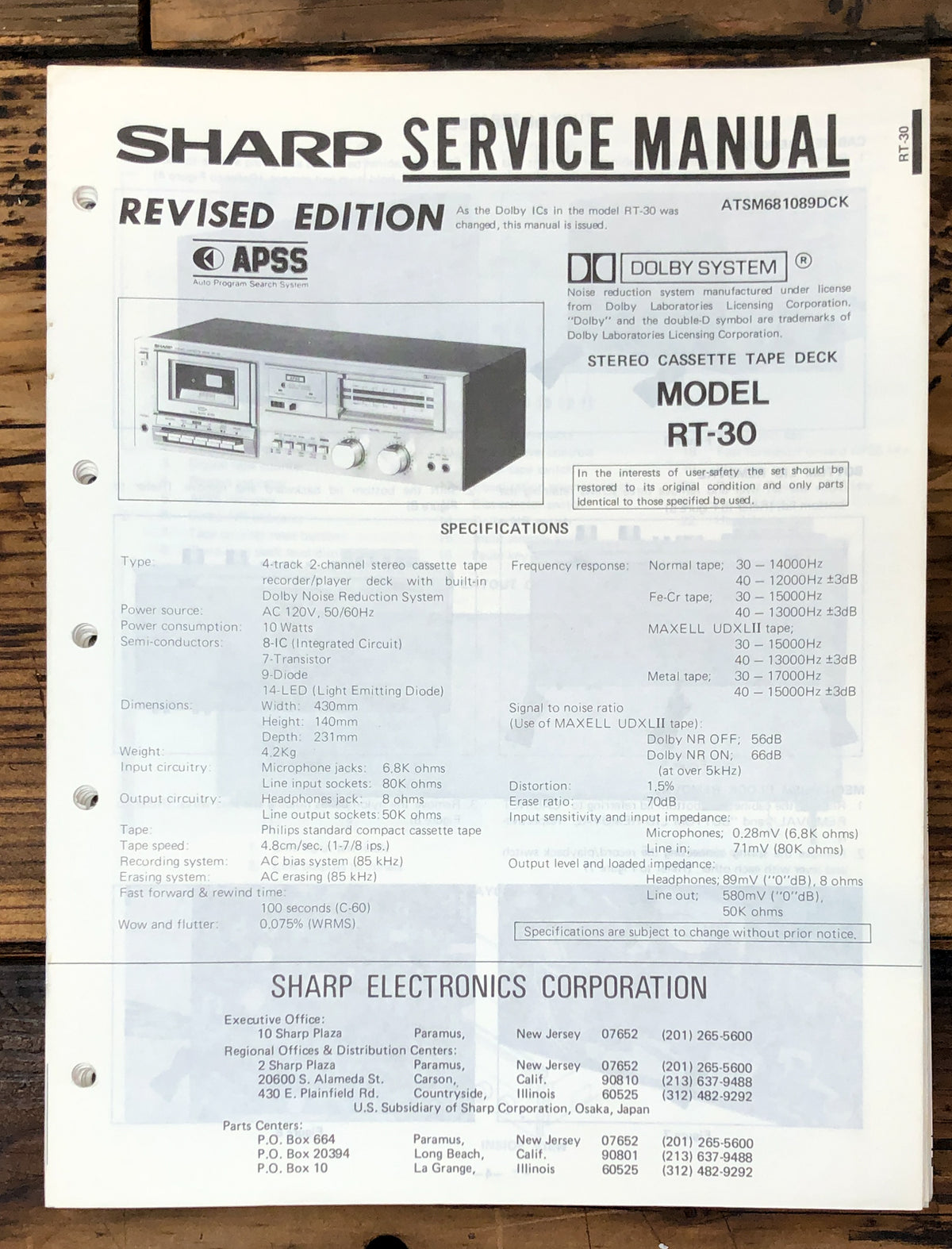 Sharp RT-30 Revised Cassette Service Manual *Original*