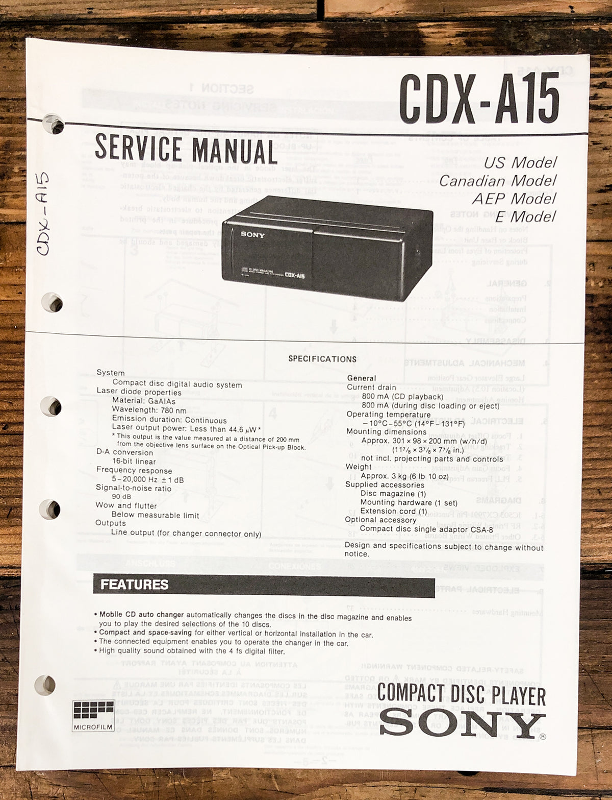 Sony CDX-A15 CD Player Service Manual *Original*