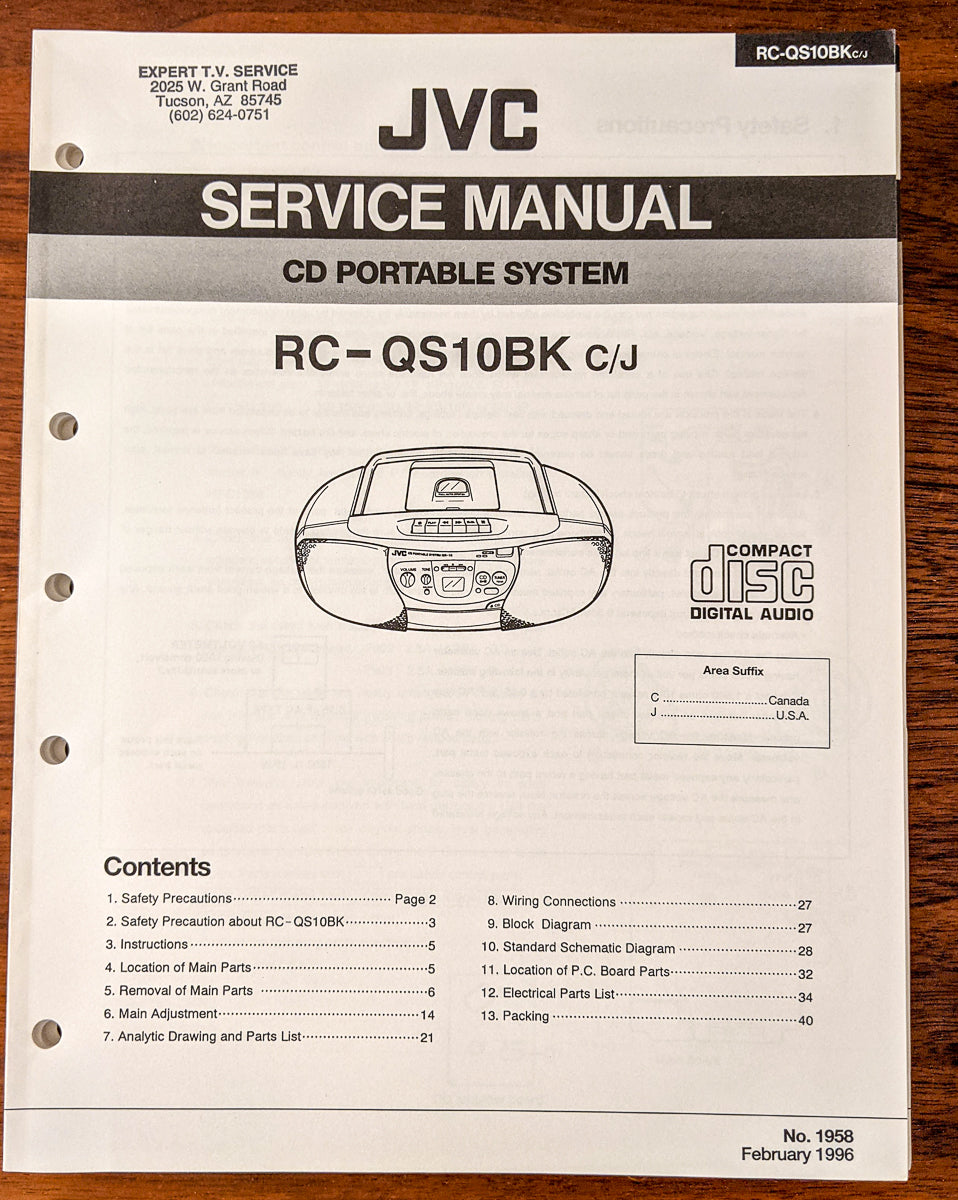 JVC RC-QS10 BK CD Portable Stereo Service Manual *Original*