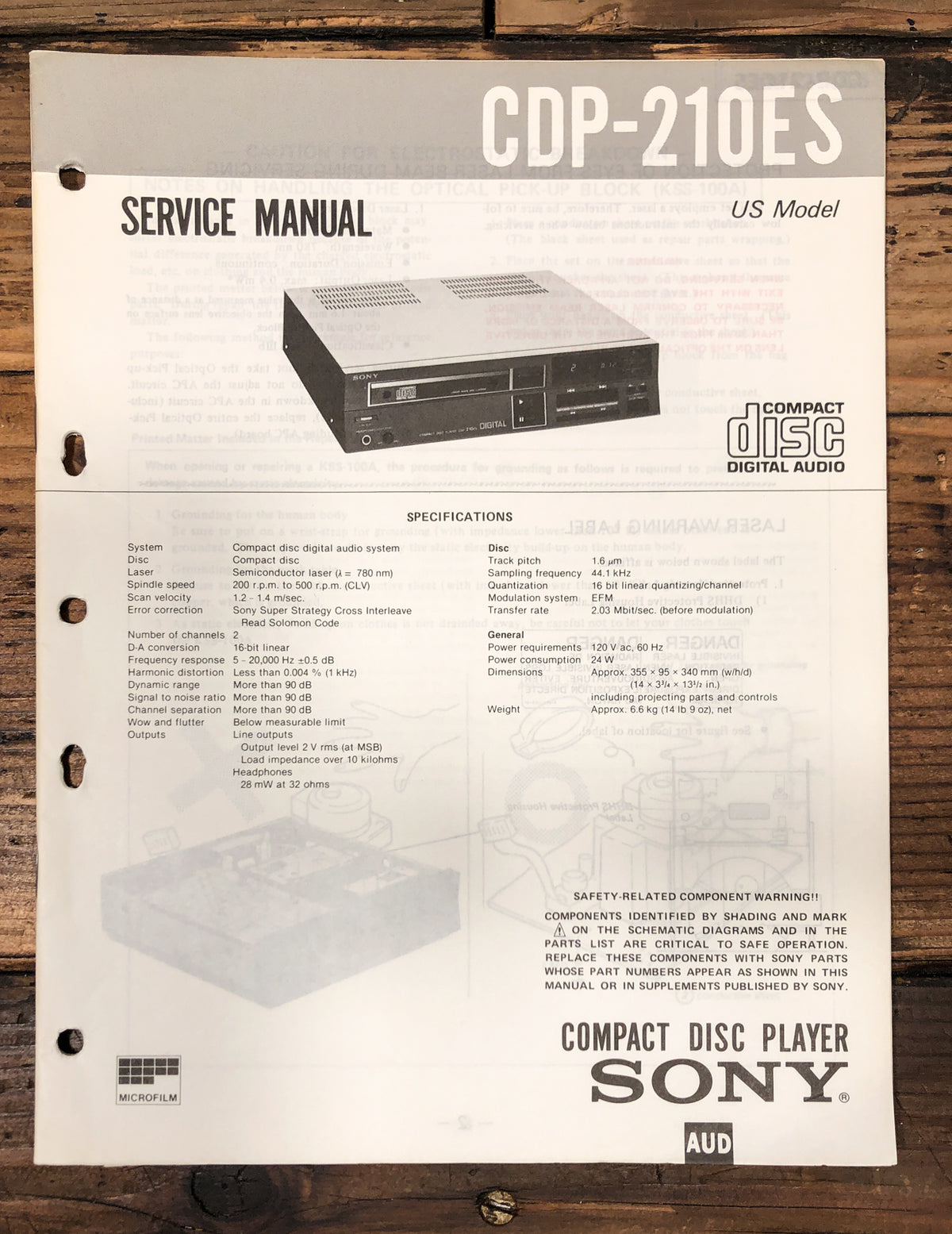 Sony CDP-210ES CD Player Service Manual *Original*