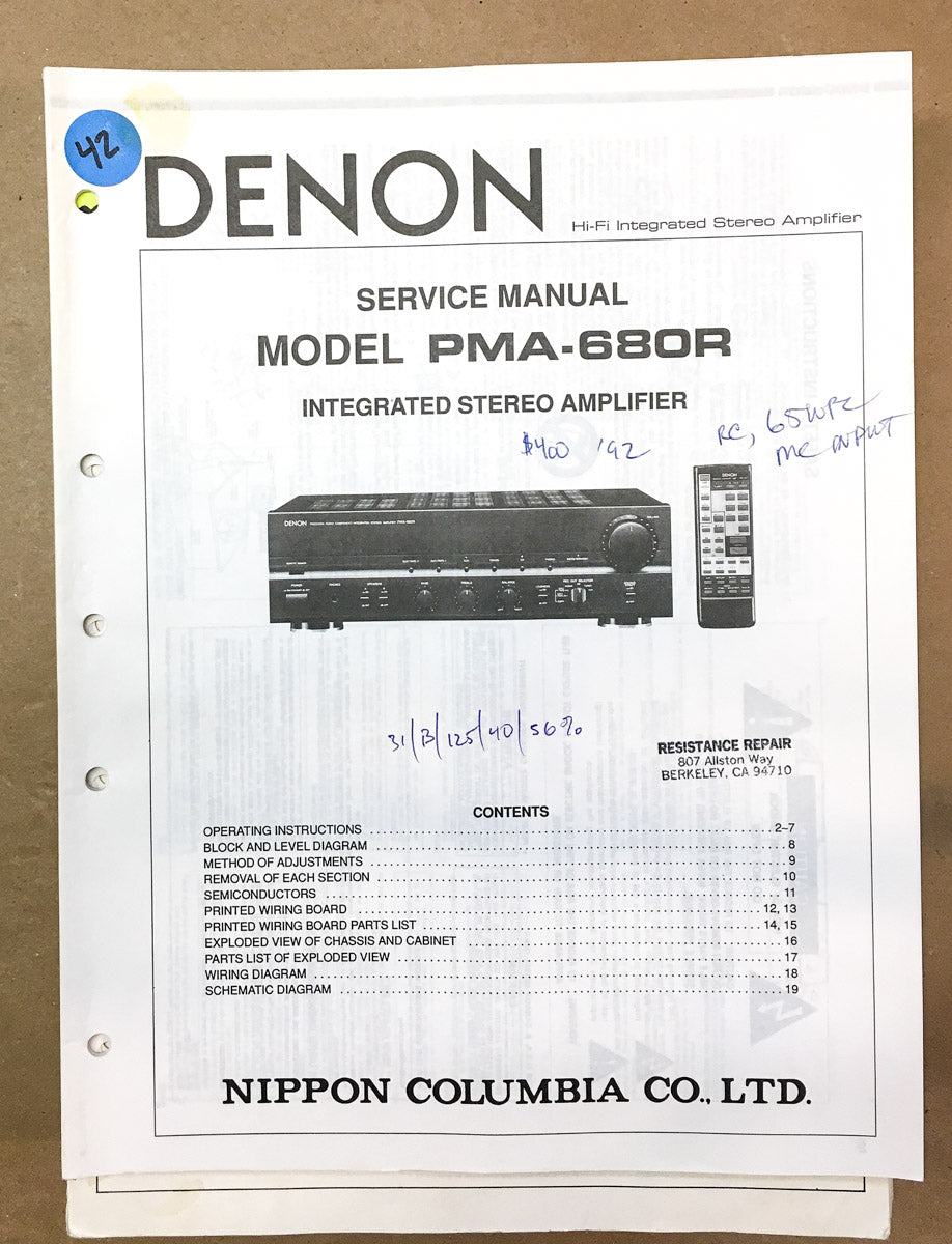 Denon PMA-680R Amplifier Service Manual *Original*