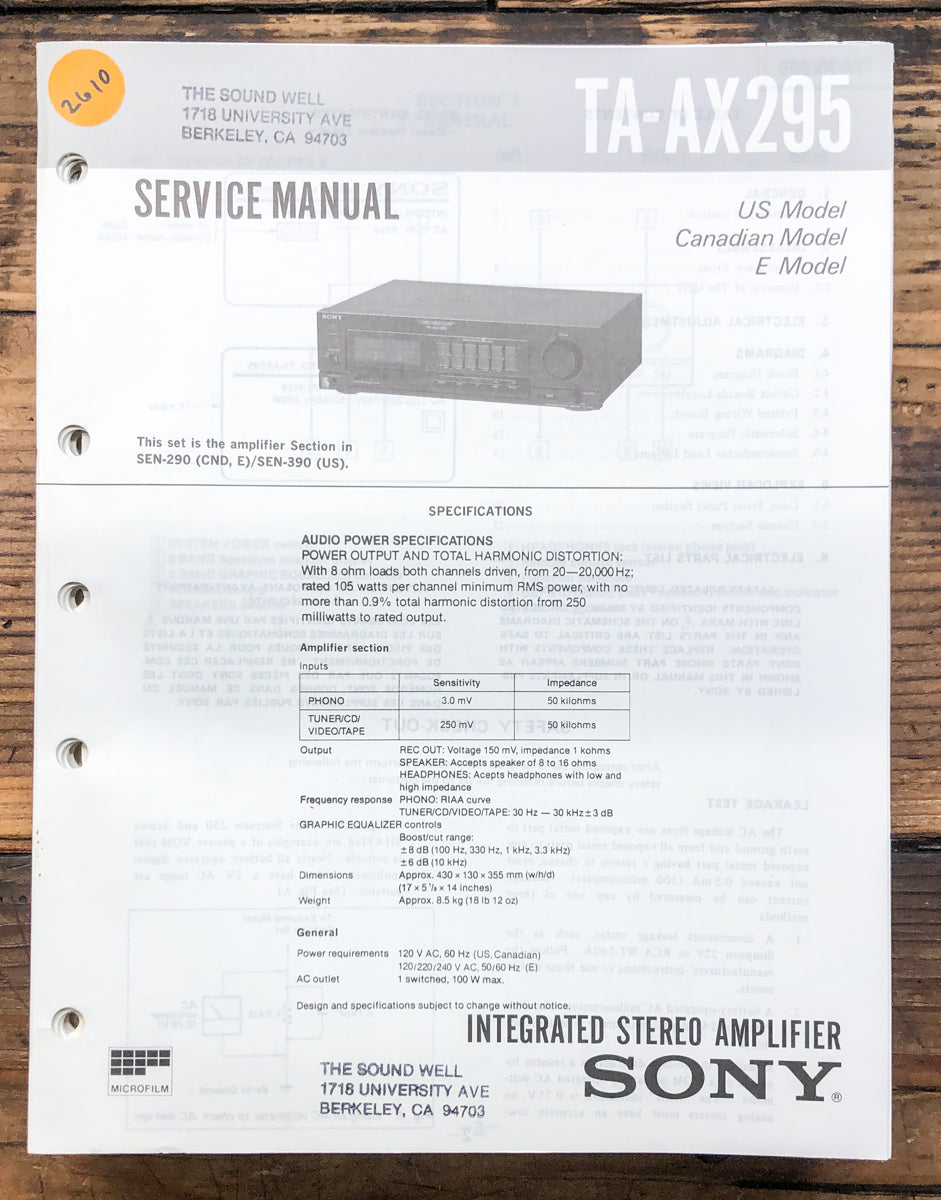 Sony TA-AX295 Amplifier Service Manual *Original*
