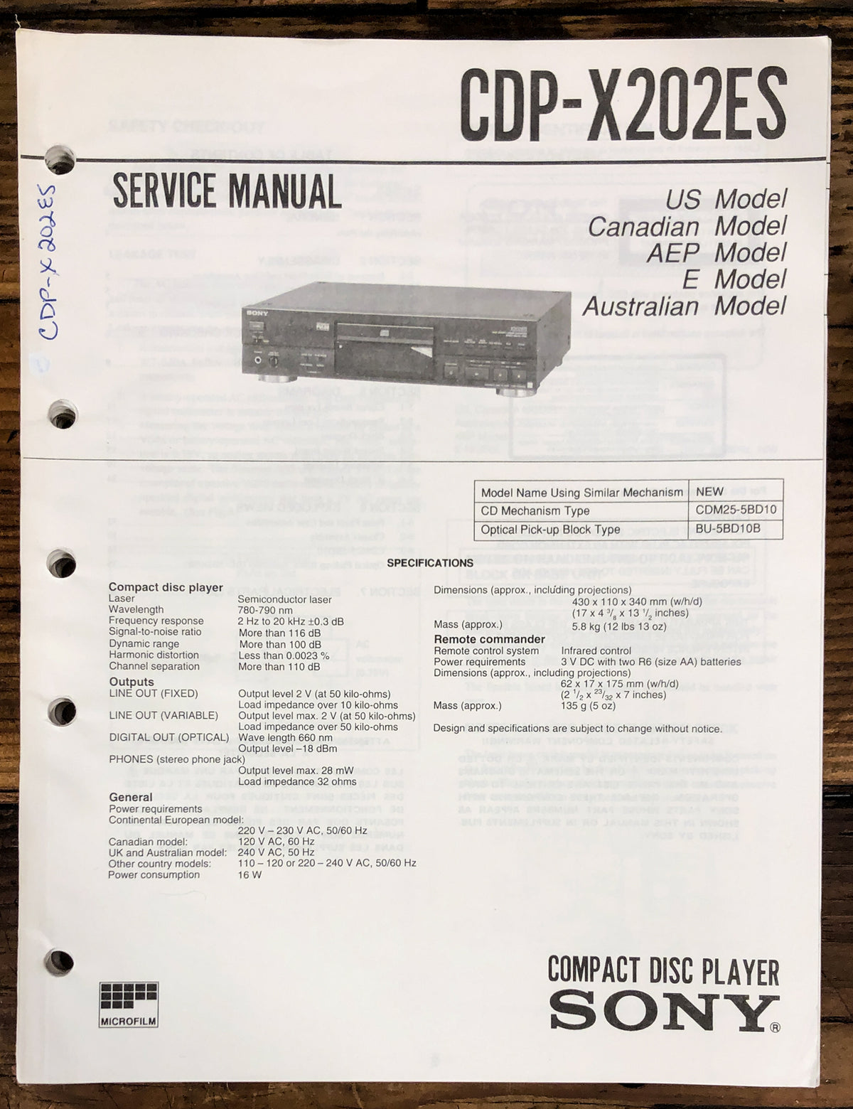 Sony CDP-X202ES CD Player Service Manual *Original*