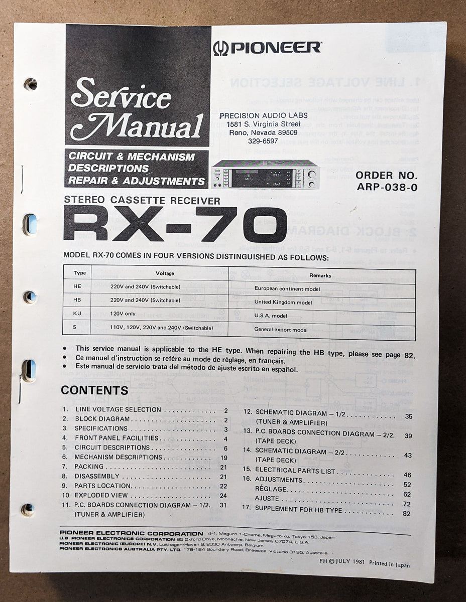 Pioneer RX-70 Receiver Service Manual *Original*