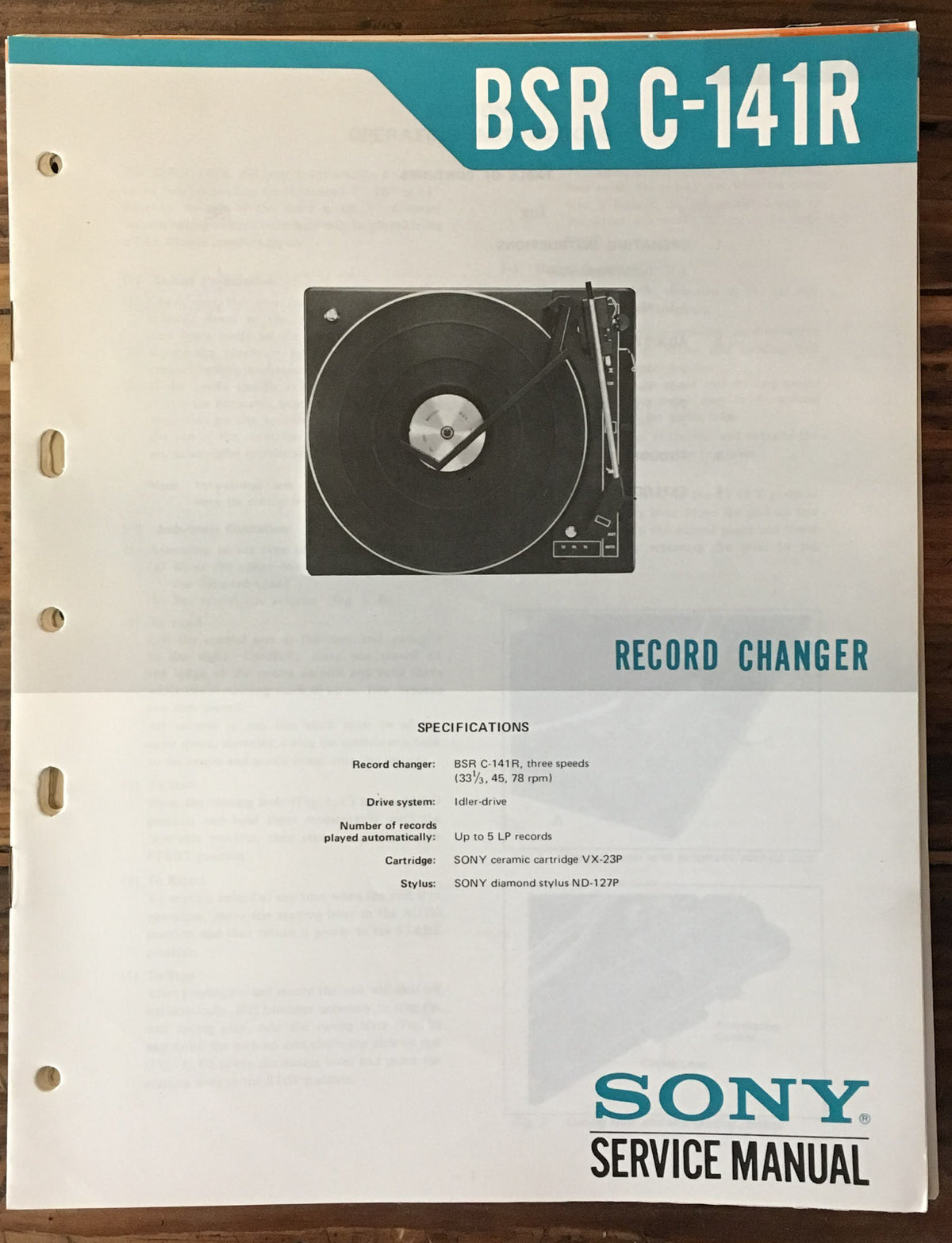 Sony / BSR C-141R Record Player / Turntable Service Manual *Original*