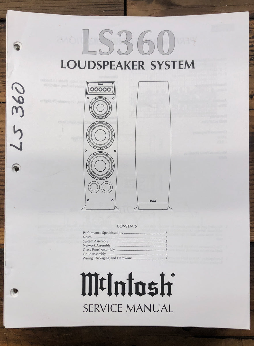 McIntosh LS360 LS-360 Speaker Service Manual *Original*