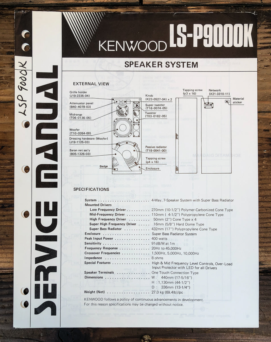 Kenwood LS-P9000K Speaker Service Manual *Original*